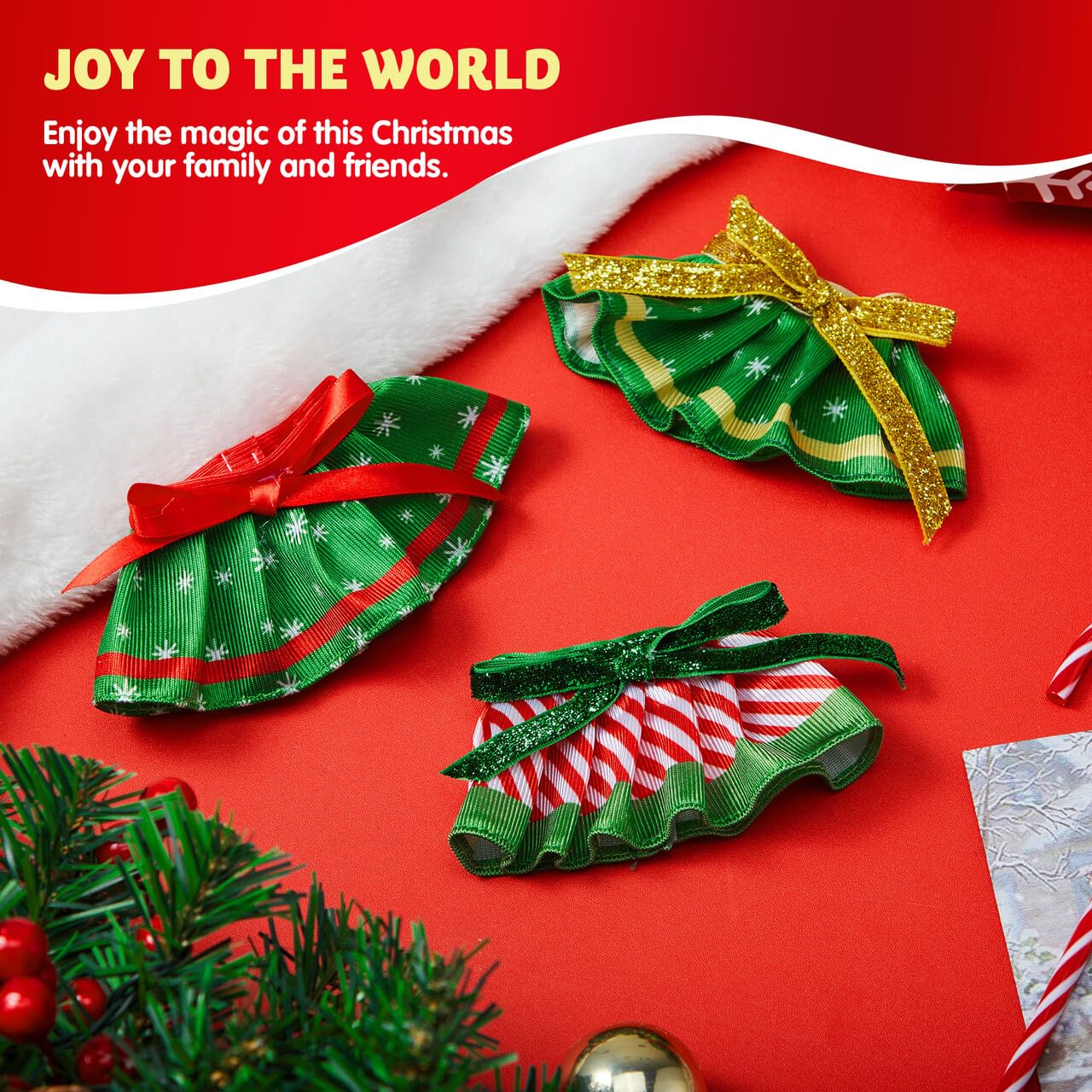 3 piezas de faldas de Navidad para muñeca, ropa de Papá Noel verde de Navidad, vestido de baile, juego de accesorios para decoraciones de Navidad y especiales 7