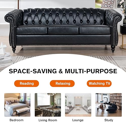 Miniatura 6 de Sofá de cuero de 85 pulgadas de ancho, sofá Chesterfiled con brazos enrollados, sofá de 3 plazas con botones para sala de estar, dormitorio, sala de