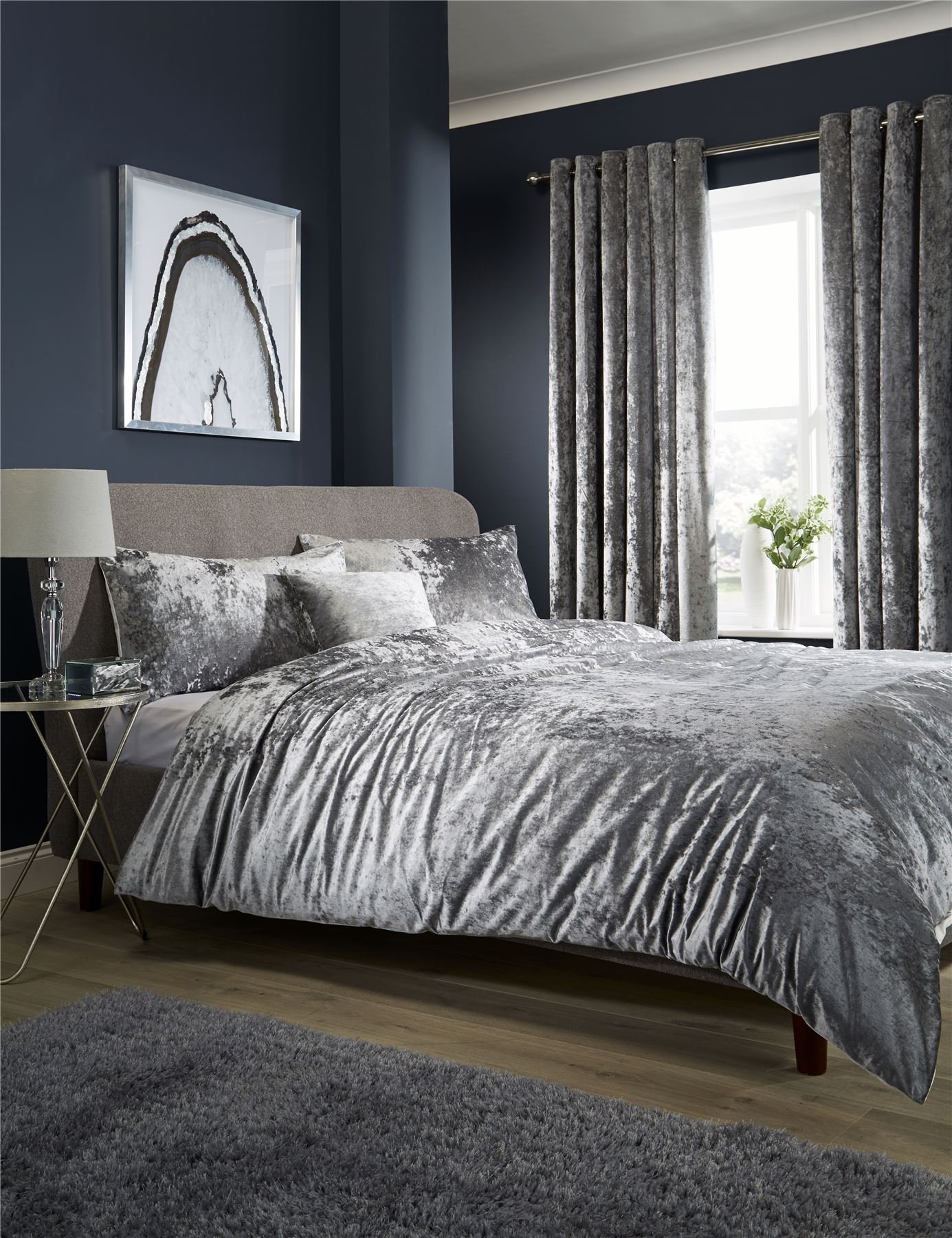 Olivia Rocco Crushed Velvet Duvet Quilt Cover Set Luxury Double King Size Bedding Sets, Silver, Super King