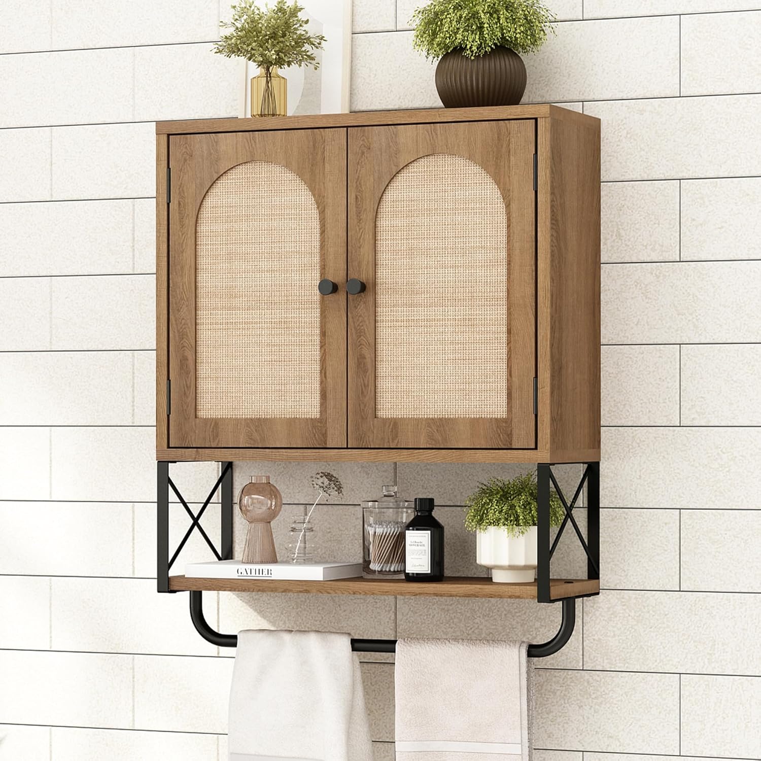 RUSTOWN Rattan Bathroom Wall Cabinet, Boho Over The Toilet Storage Cabinet with Arched Rattan Doors, Modern Medicine Cabinet with Adjustable Shelves & Towel Bar, Bathroom Organizer(Rustic Oak, Medium) Natural Oak Medium
