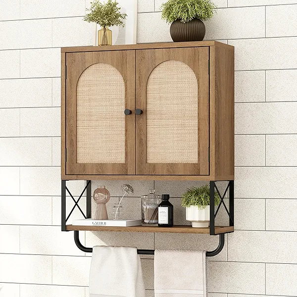 RUSTOWN Rattan Bathroom Wall Cabinet, Boho Over The Toilet Storage Cabinet with Arched Rattan Doors, Modern Medicine Cabinet with Adjustable Shelves & Towel Bar, Bathroom Organizer(Rustic Oak, Medium)