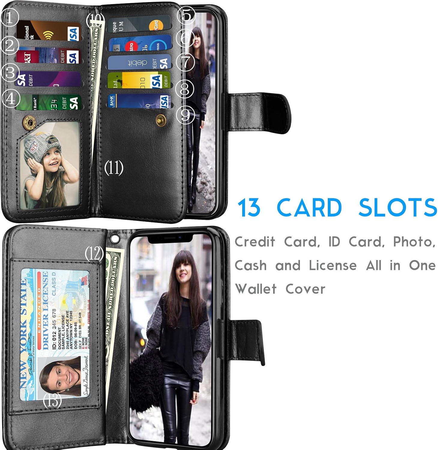 Tekcoo for iPhone Xs Case/iPhone X Wallet Case, Luxury [Black] License Cash Credit Card Slots Holder Purse Carrying PU Leather Flip Cover [Detachable Magnetic Hard Case] & Kickstand + Lanyard