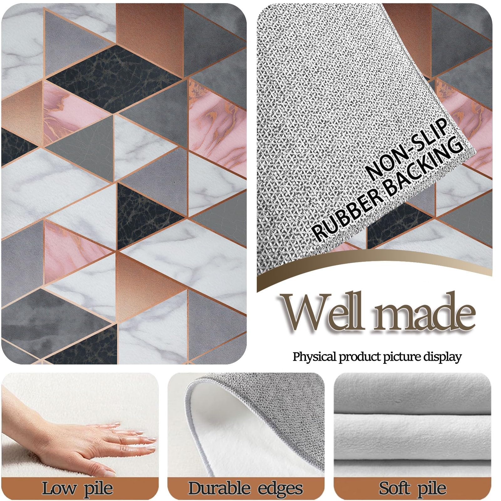 Teppich Wohnzimmer Geometrisches Dreieck aus Marmor 60x120cm Waschbare Kurzflor Teppiche Großer rutschfest Carpet, für Schlafzimmer, Büro, Kinderzimmer Druck Teppich
