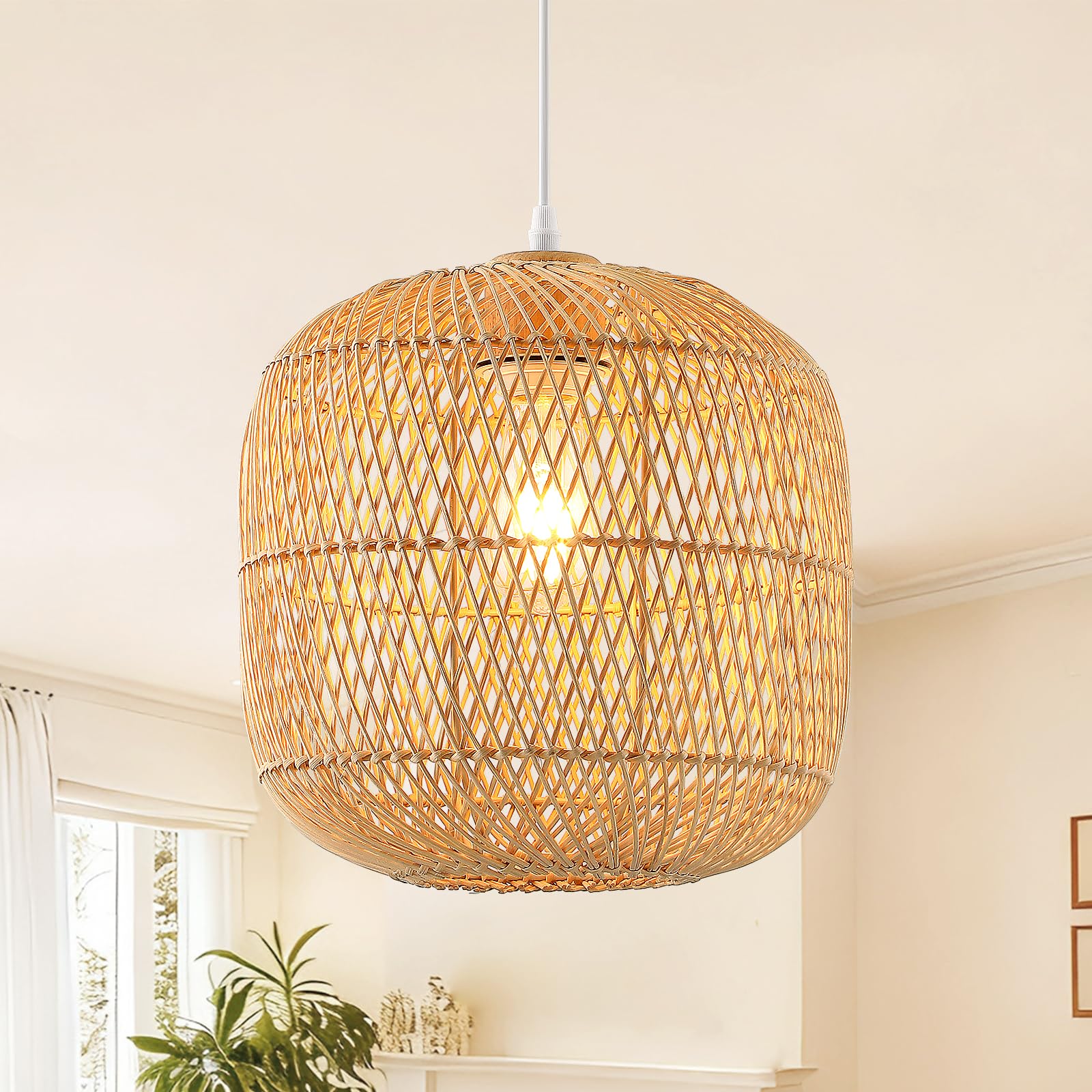 QianZhan Hand-Woven Rattan Pendant Light, 11in Rattan Chandelier Boho Wicker Hanging Lighting Fixture Coastal Pendant Lights for Kitchen Island Dining