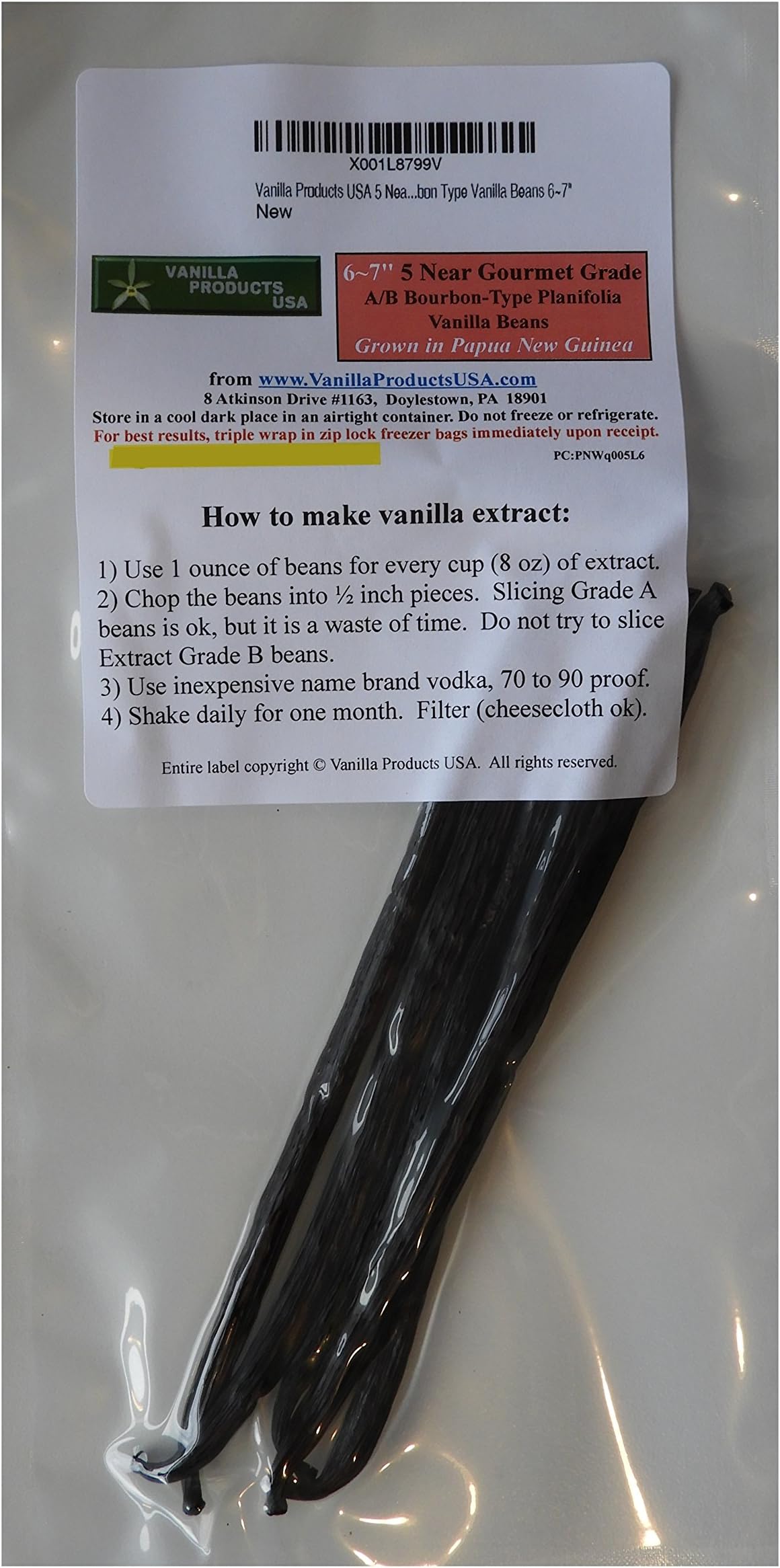 Vanilla Beans 5 Near Gourmet Grade A/B PNG Bourbon Type 6~7" by Vanilla Products USA