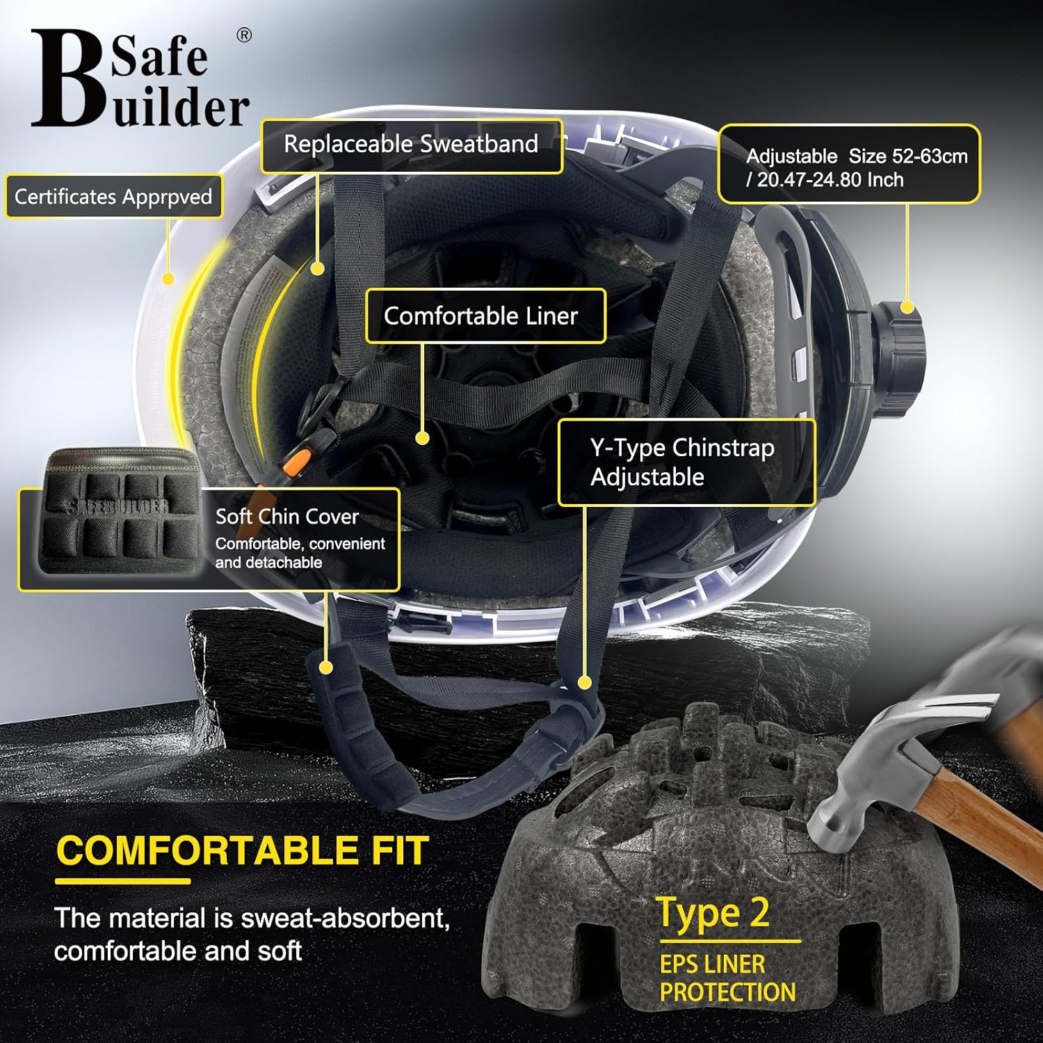 SAFEBUILDER G2E Safety Helmet Type 2 Class E Hard Hats with EPS Foam Liner Lightweight Adjustable Size for Eletrical Construction Rescue Work at Height OSHA