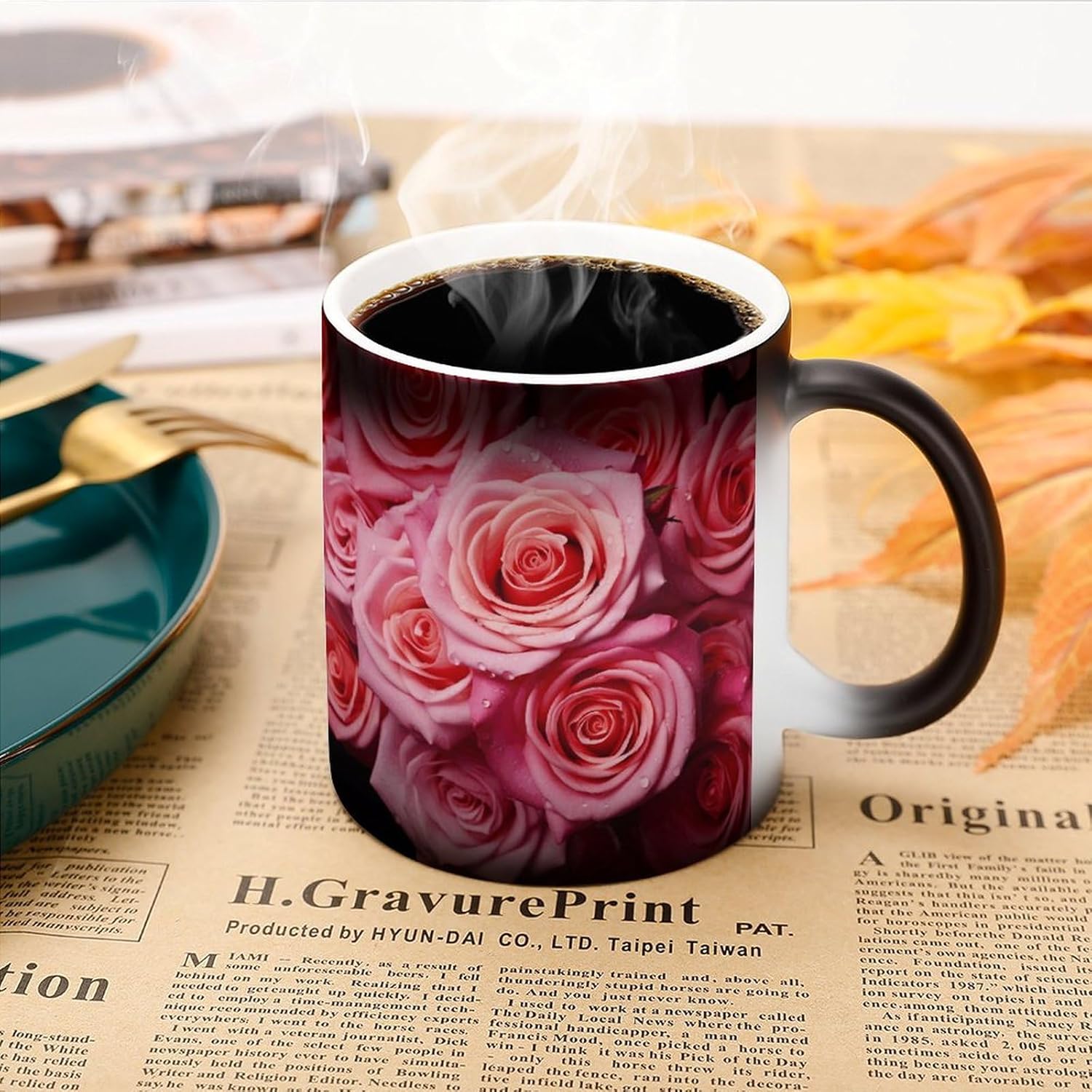 Color Changing Mug Elegant Rose Flower Printed Ceramic Coffee Mug Heat Changing Sensitive Mug Magic Heat Changing Coffee Mug Novelty Coffee Mugs