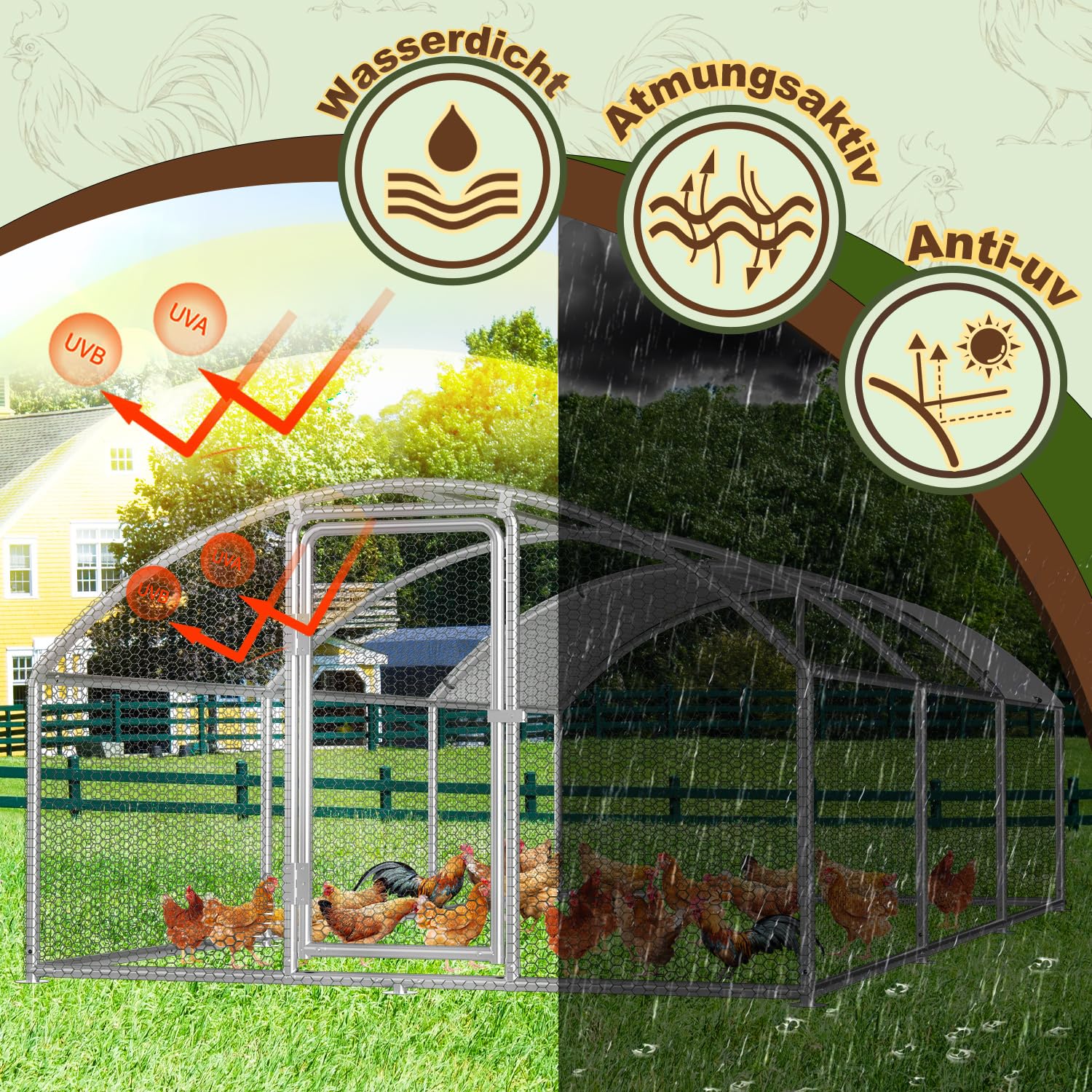 Hühnerstall, 3x6x2m Kuppel Dach Hühnerhaus Freilaufgehege, mit Schloss aus Verzinkter Stahl und Wasserdichtes PE-Farbtuch Tiergehege, Schnell zu reinigen