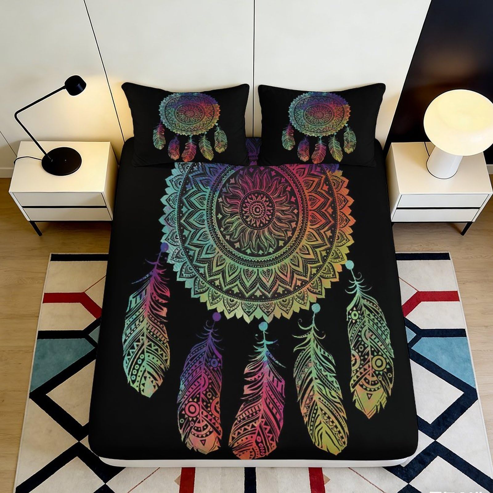 3D Printed Dreamcatcher Fitted Sheet Microfiber Colourful Feather Bed Cover for Bedroom Decor Dust Protection 90x200x25cm