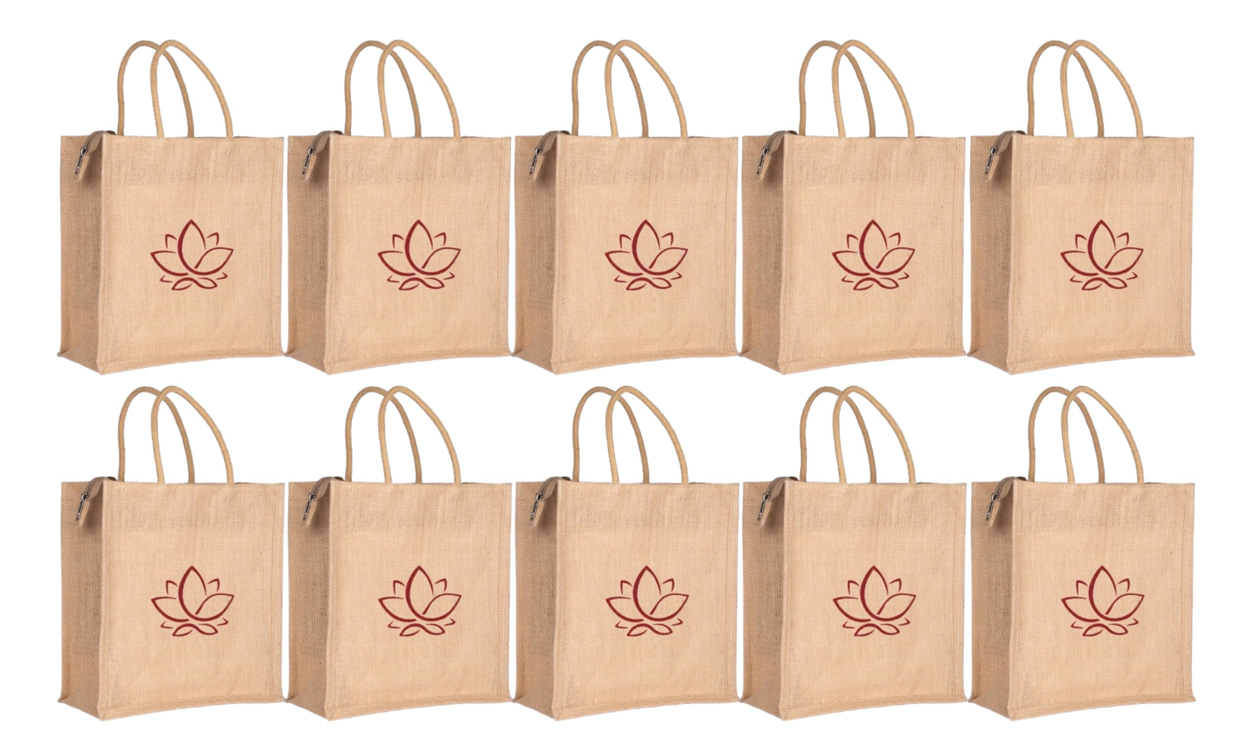 Soman Jute Ecofriendly Return Gift Bags Lotus Printed with Zip Natural Pack of 10 Bags