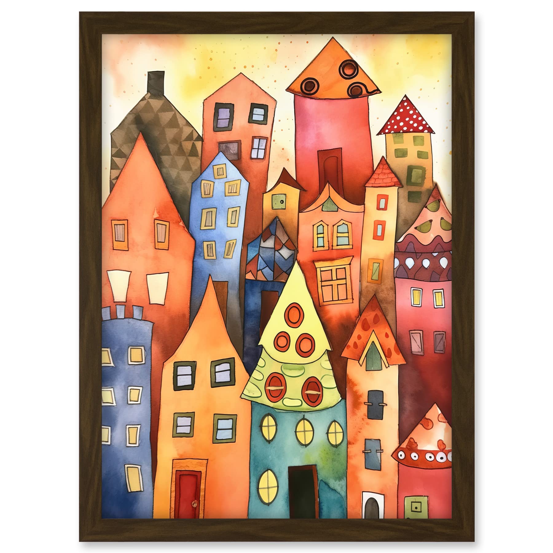 Artery8 Colourful Townscape Folk Art Watercolour Painting Artwork Framed A3 Wall Art Print