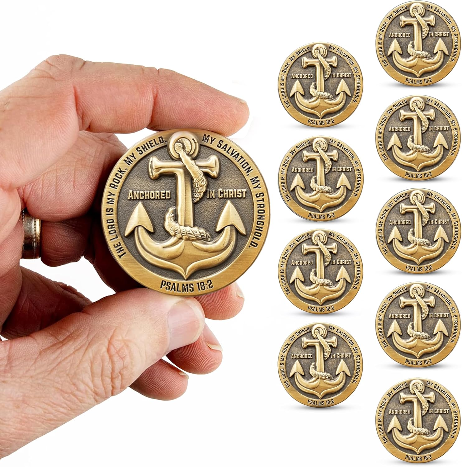 10pcs Anchored in Christ Prayer Coin, Jeremiah 29:11 The Lord is My Rock - 1.75" Antique Gold Plated Christian Challenge Coin - Motivational Bible Verse Gifts - Graduation Coins for Encouragement