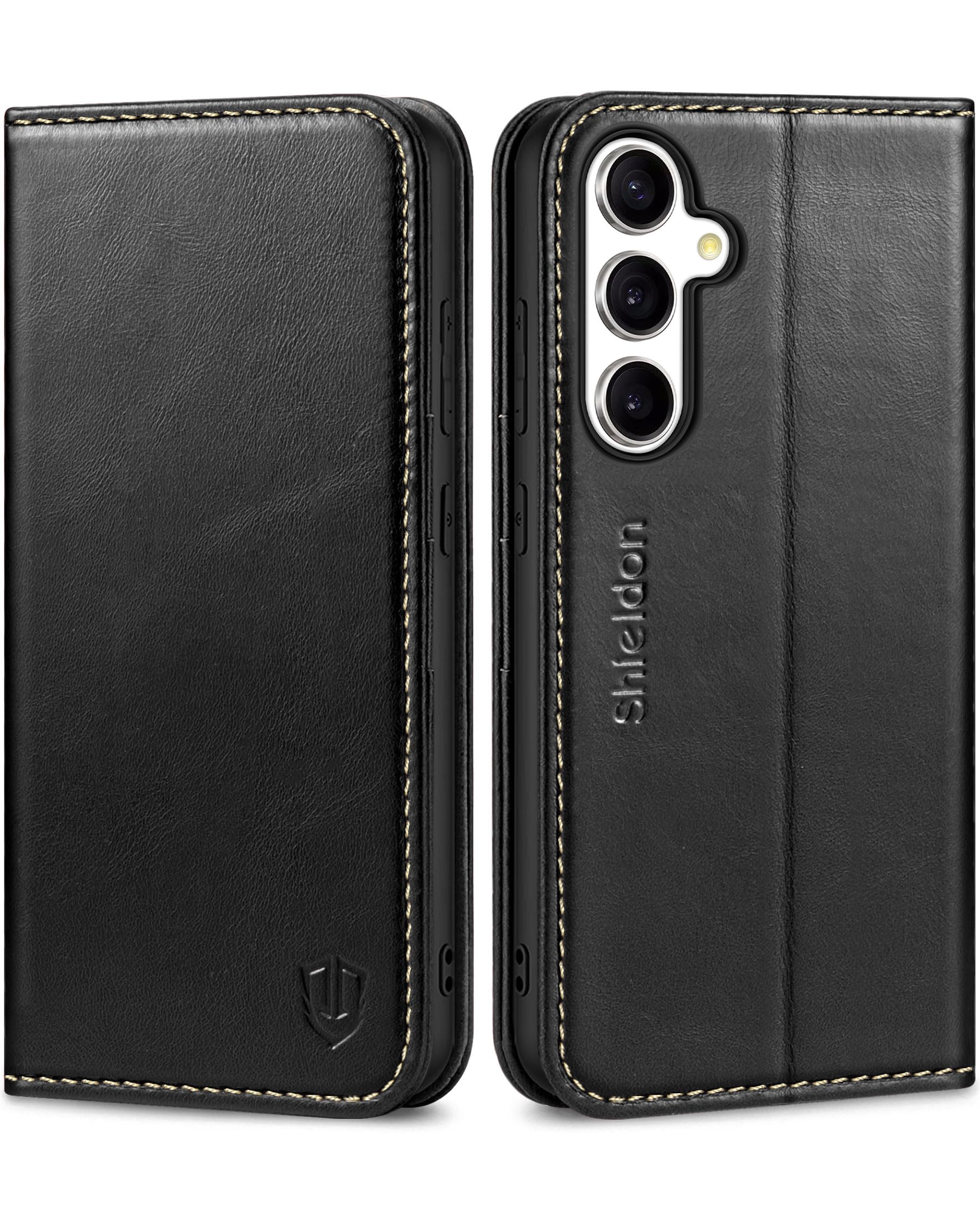 SHIELDON Wallet Case for Galaxy S23 FE 2023, Genuine Leather Folio Magnetic Kickstand RFID Blocking Credit Card Slots Shockproof Protection Cover Compatible with Galaxy S23FE 6.4" - Retro Black
