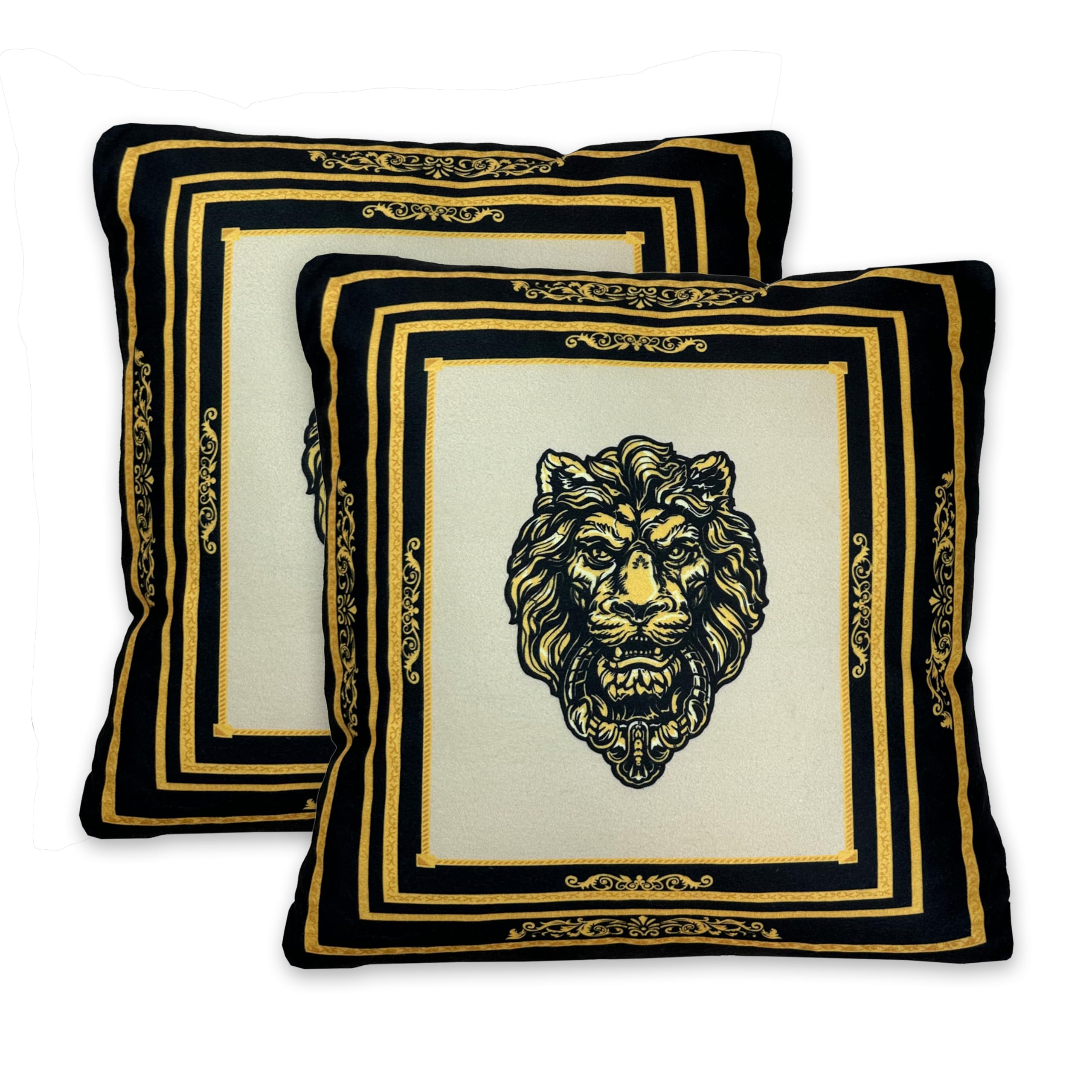 Dekorative Kissen Dekokissen Sofakissen 2er Set in schwarz Gold mit Bezug, Füllung und Motiv - Löwe, Amphore, Krone (Motiv: Löwe, 2er Set - 60 x 60 cm)