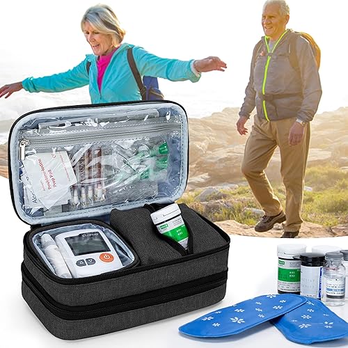 Miniatura 6 de CURMIO Funda de viaje térmica de insulina, bolsa de almacenamiento de suministros para diabéticos de doble capa con bolsas desmontables para