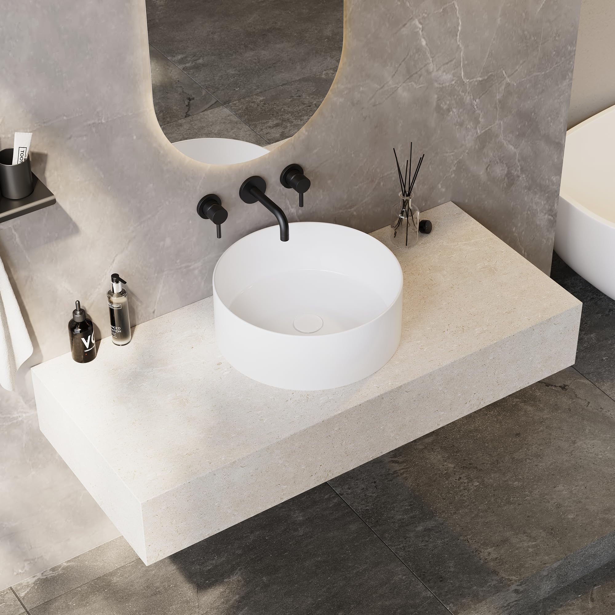 Fregadero redondo de cerámica de Eridanus, lavabo de porcelana vítrea en blanco brillante para uso en encimera, lavabo redondo para tocadores, 415 x 415 x 150 mm