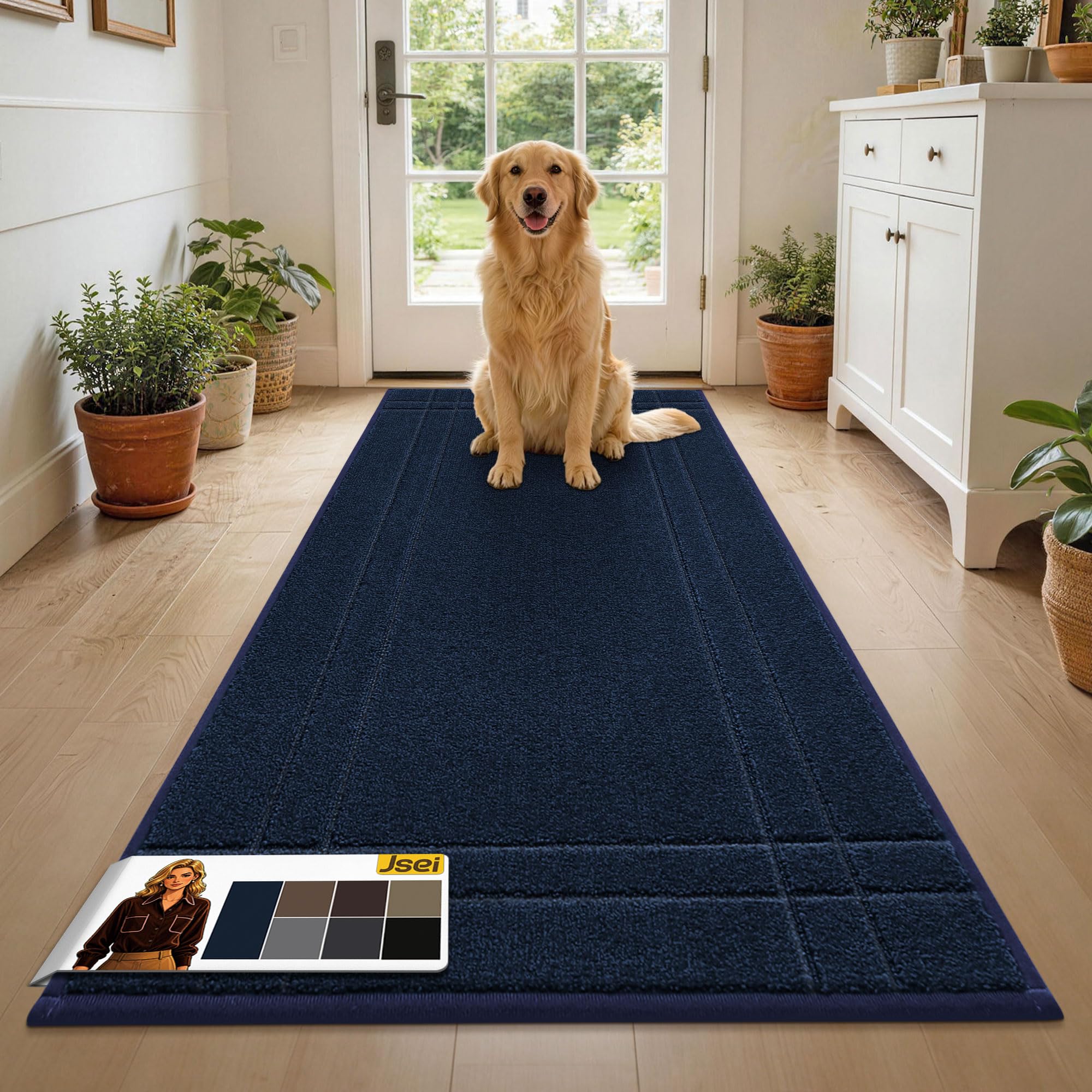 JSEI Door Mat for Entrance, Washable Low Profile Doormat for Front Door Back Door, Absorbent Entryway Rugs with TPR Non-Slip Backing for Wet Shoes Dirty Paws, 24" x 60", Navy Blue