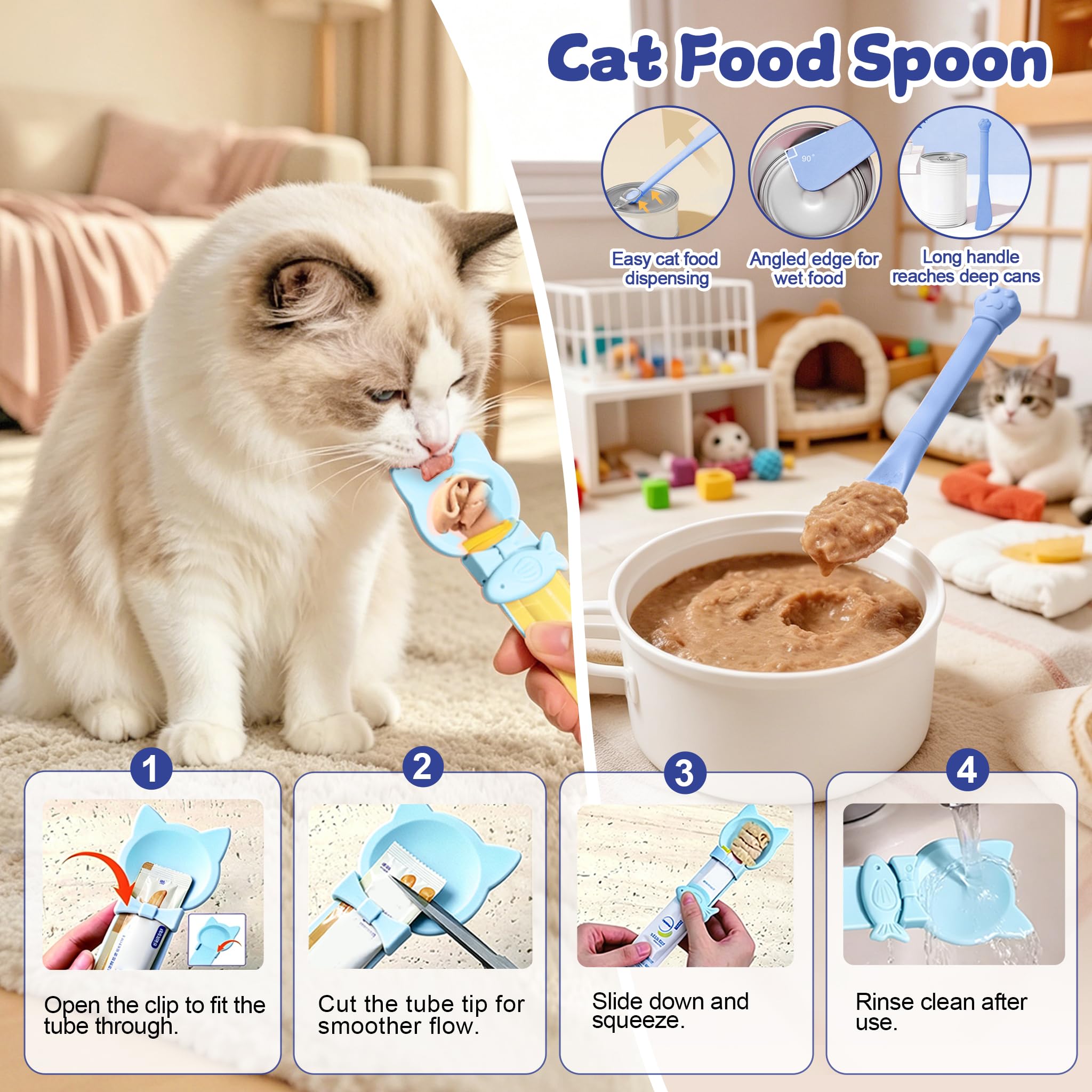 AZY Set di 3 mangiatoie lente per gatti, mangiatoia per coda di gatto in silicone, tappetino per leccare e cucchiaio per cibo per gatti, strumenti per l'alimentazione umida, ciotola per