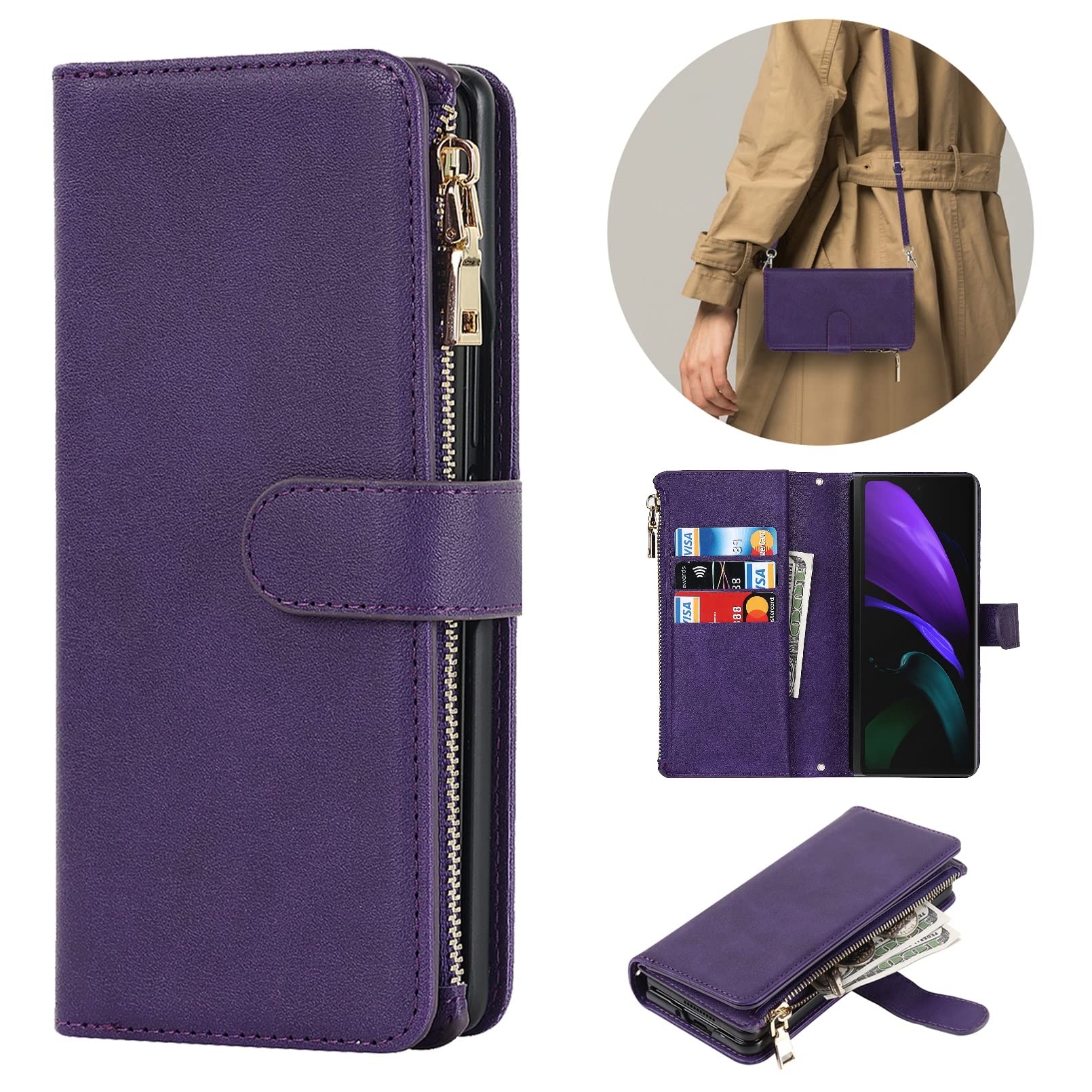 Jaorty Samsung Galaxy Z Fold 2 5G Wallet Case with S Pen Holder,[9 Card Slots] Removable Adjustable Crossbody Necklace Lanyard Shoulder Strap Zipper PU Leather Case for Samsung Z Fold 2, Purple