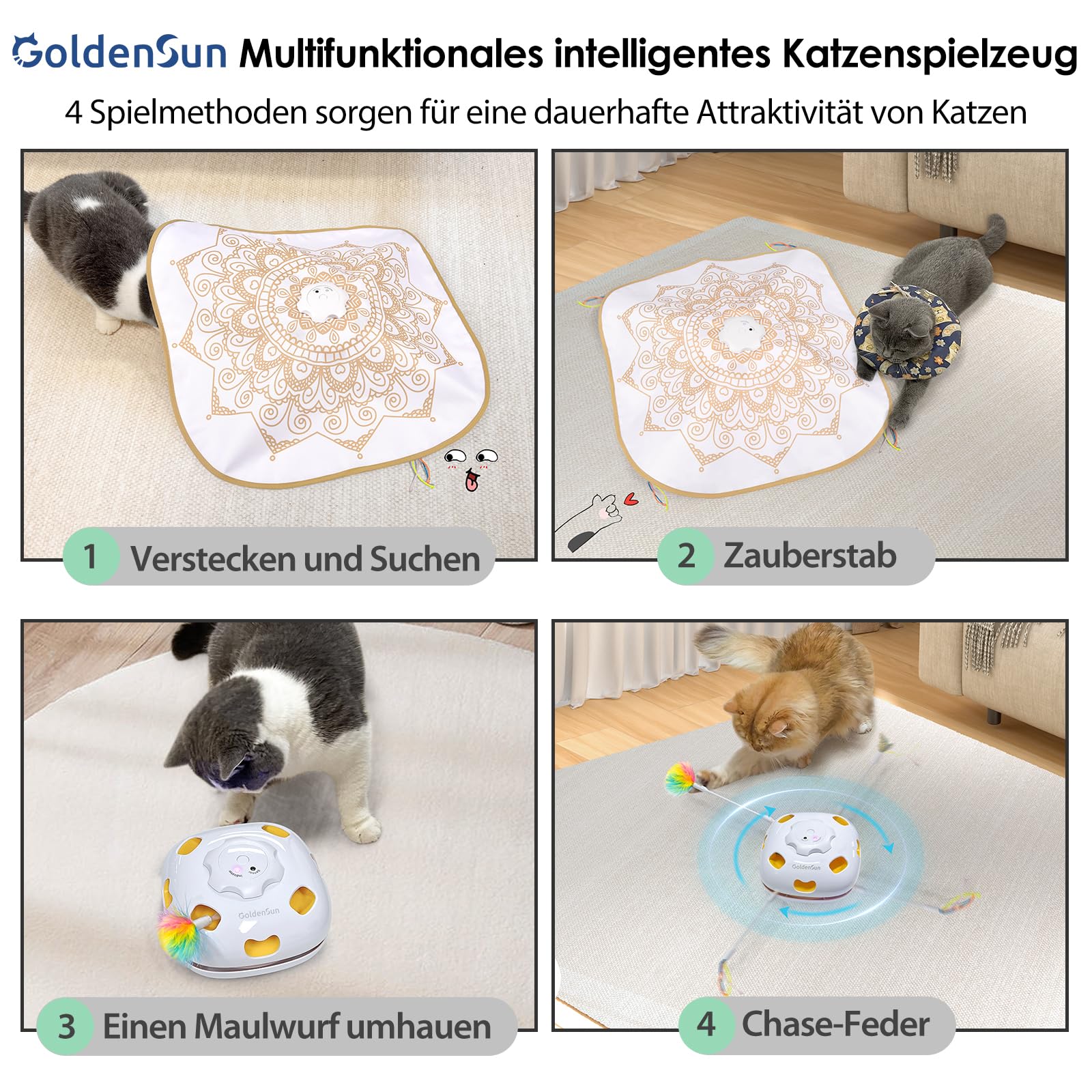 GoldenSun Katzenspielzeug, Aufladbares, Interaktives 4-in-1 Spielzeug für Katzen im Innenbereich, Katzenangel, Schlag auf einen Maulwurf, Übungskatzenspielzeug mit 3 DIY-Ersatzfedern