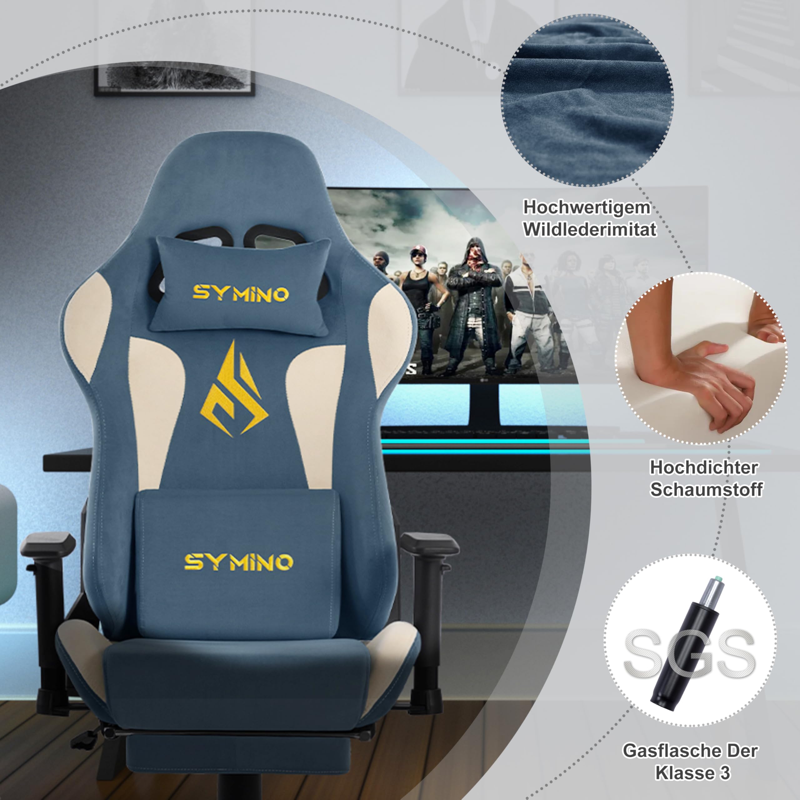 Symino Gaming Stuhl, Luxuriöser Wildlederimitat Gaming Chair, Ergonomischer Bürostuhl Schreibtischstuhl mit Fußstütze Kopfstütze und Lendenkissen, 90-167° Rückenlehne, Blau-Beige