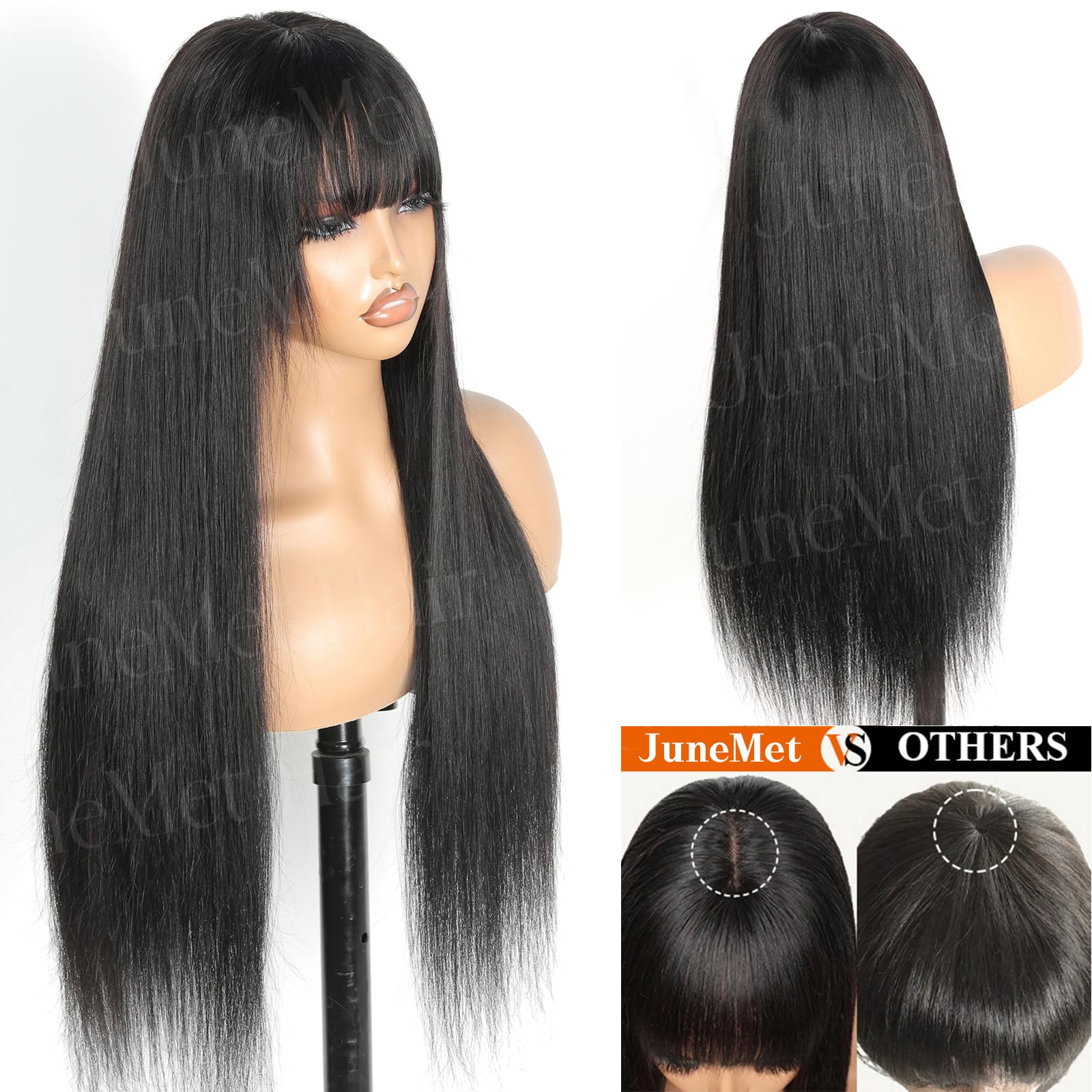 Junemet Straight Human Hair Wig with Bangs Wear and Go Glueless Bone Straight Closure 2X4 Lace Front Brazilian Glueless Black Wig with Fringe Human Hair Wigs 18 Inch - Image 2