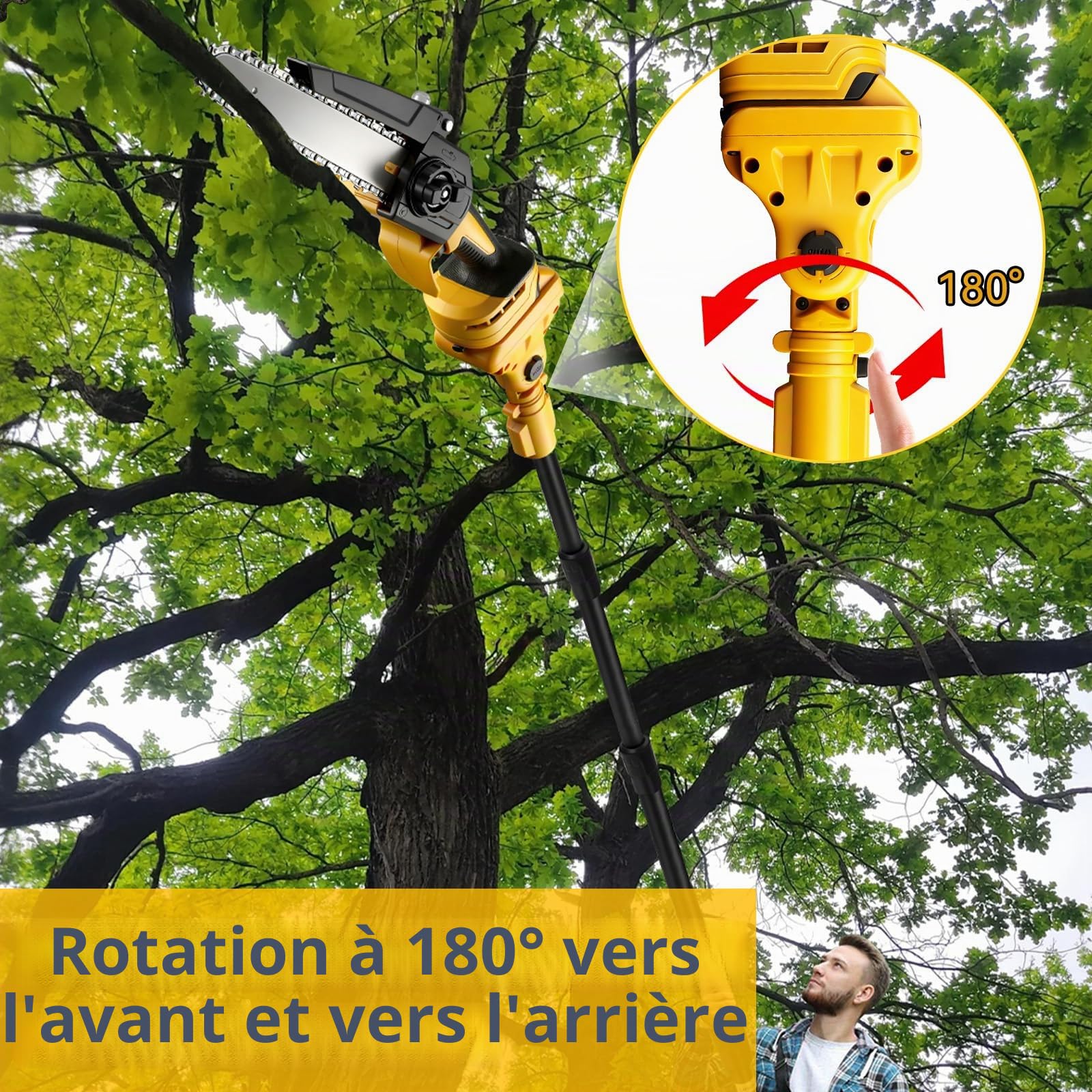 2 en 1 Tronçonneuse télescopique sans fil pour DeWalt 20 V (sans batterie) | Roadtime scie à métaux scie à élaguer sans balais avec 2 chaînes de rechange, pour branches d'arbre, coupe du bois, barre