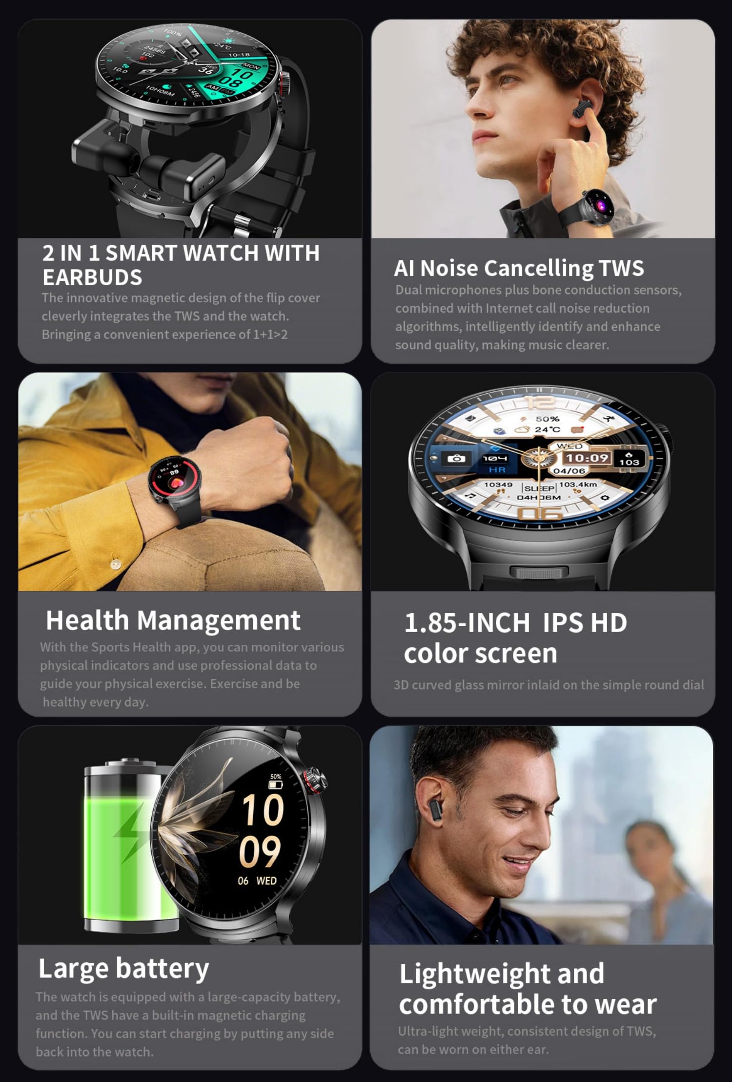 AIEK Montre Connectée Homme, Bluetooth écouteurs, Écran HD 1,85", Analyse Sommeil, Appel Bluetooth, Cardiofréquence, 100+ Modes Sportifs Podometre, Smartwatch pour Android iOS (Noir)