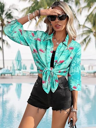 ZXZY Womens Hawaiian Shirt Long Sleeve Tropical Tops Dressy Casual Blouses