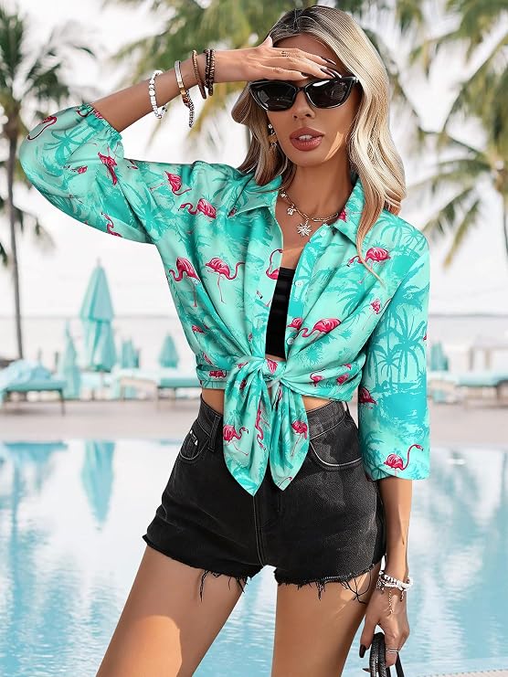 ZXZY Womens Hawaiian Shirt Long Sleeve Tropical Tops Dressy Casual Blouses