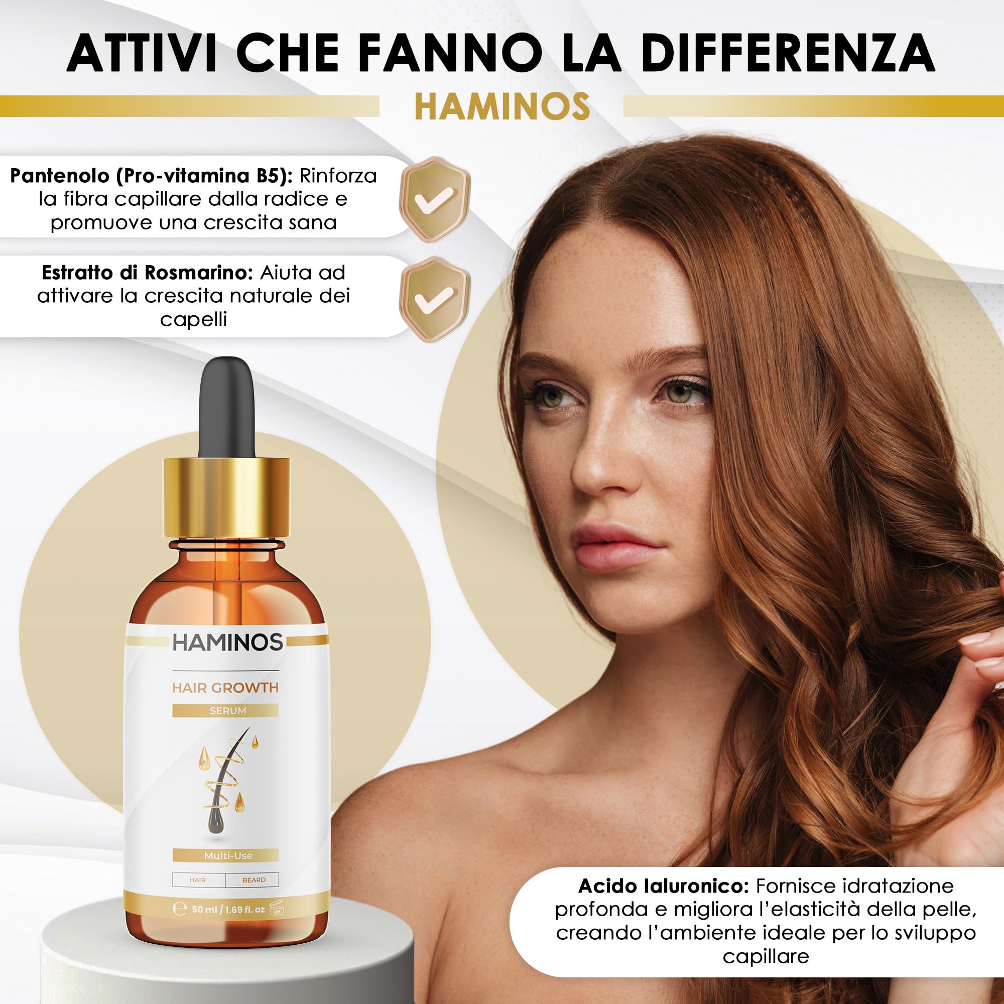 HAMINOS Siero Crescita Capelli con Rosmarino, Ginseng, Zenzero e Peptidi – Stimola e Rinforza – Anticaduta e Rivitalizzante - FORMULA UNICA (50 ml)
