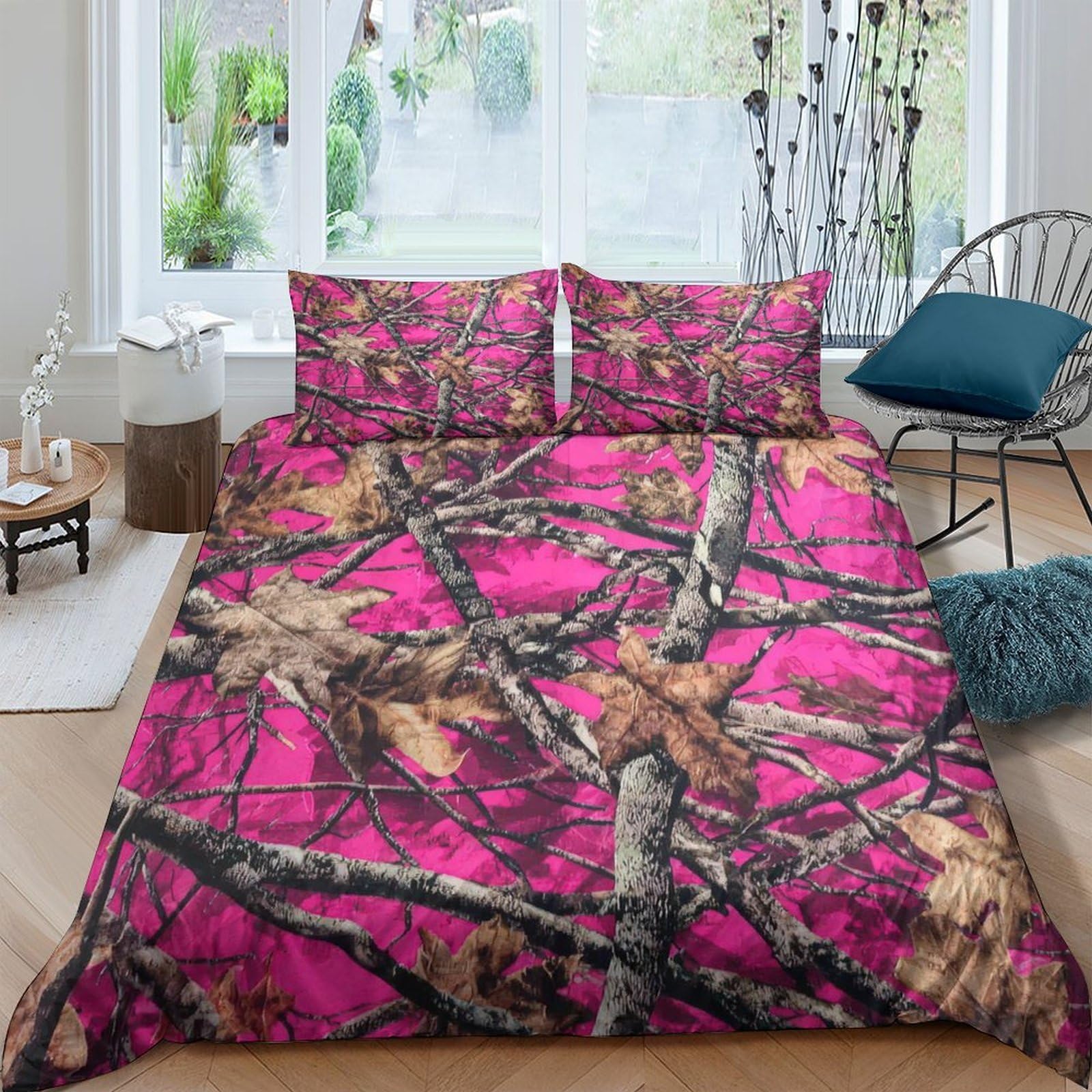 GPLZQXKJNH 3D Printed Pink Camouflage Duvet Cover Microfiber Soft Breathable Forest Branch Bedding Set with 2 Pillowcases for Bedroom Decor Single（135x200cm）