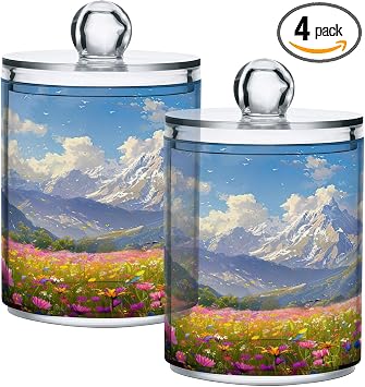Qilmy Blooming Roses Qtip Holder Dispenser with Lid 14 oz,Apothecary Jars Plastic Cotton Swabs Cans Clear Bathroom Storage Canister for Cotton Ball,Cotton Swab,Cotton Round Pads,Floss