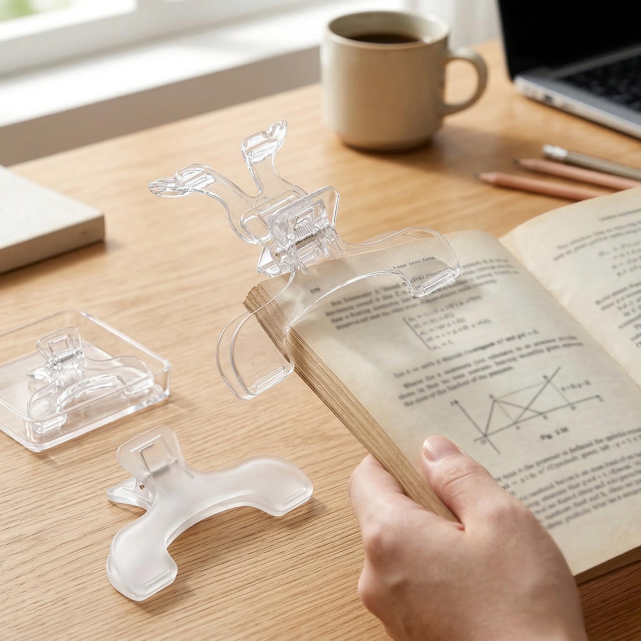 Clip de Libro Transparente 2 Piezas, sujetapáginas U de plástico Resistente con Soporte, Accesorio Lectura Manos Libres para Libros, revistas y Recetas, Ideal para Estudio, Cocina y Oficina