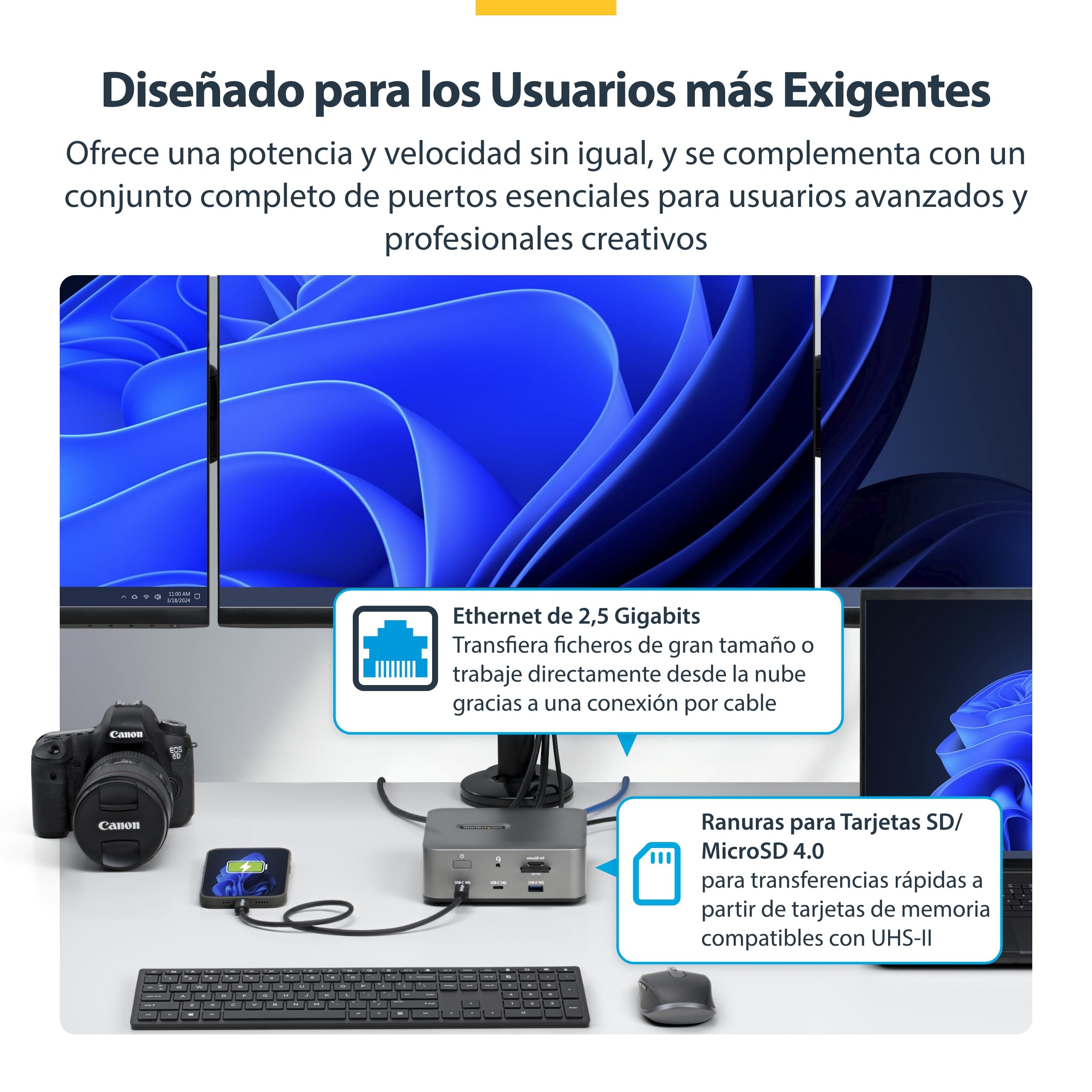 StarTech Dock Thunderbolt 5 USB4, 4K 144Hz Triple, 8K 60Hz Doble, 140W | 4K 144Hz triple u 8K 60Hz doble, Carga de móvil 30W, Ethernet de 2,5Gbps, Power Delivery 140W, Ranura SD 4.0 UHS-II