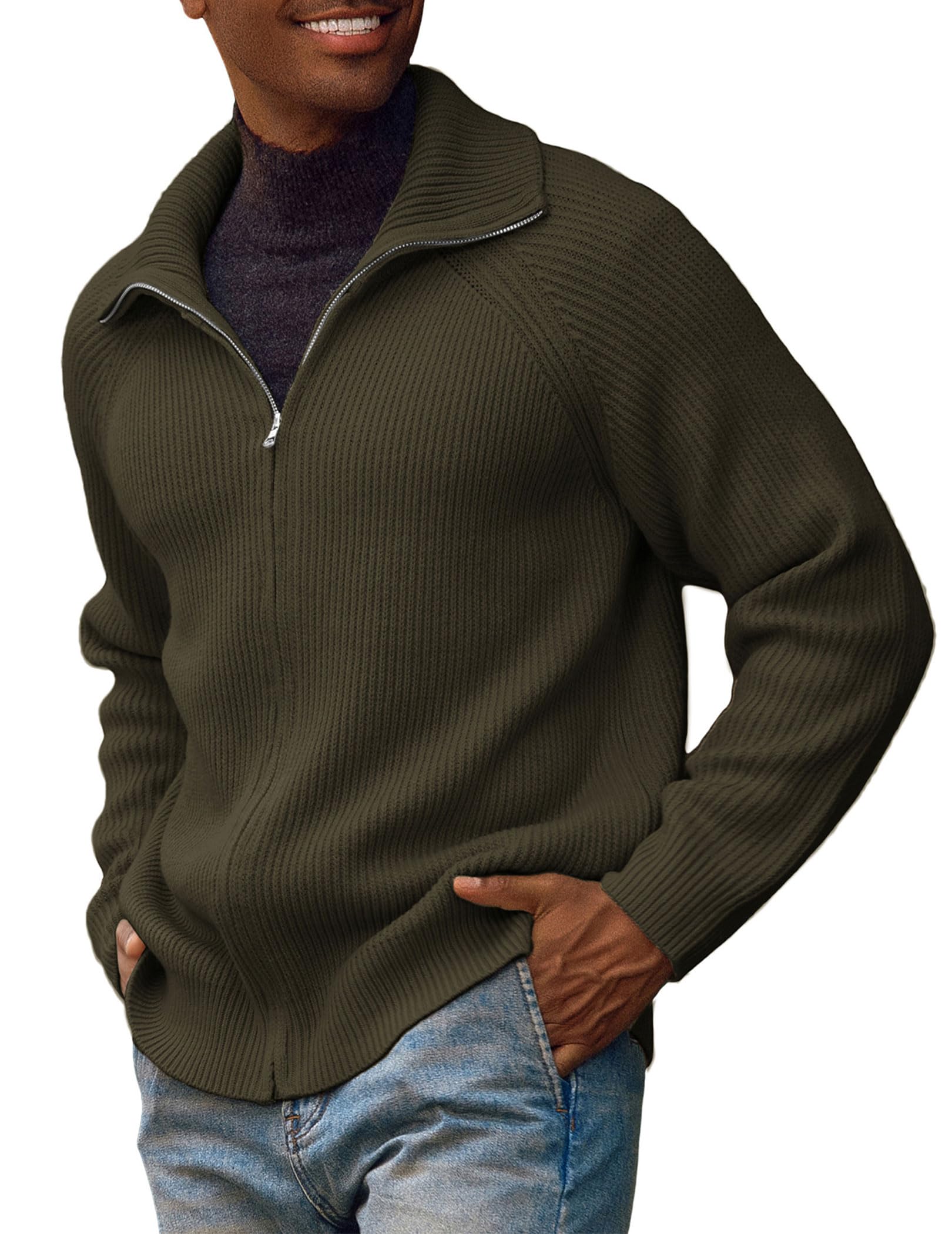 PJ PAUL JONES Men's Full Zip Cardigan Sweaters Unisex Relax Fit Lapel Collar Raglan Sleeve Casual Ribbed Sweater