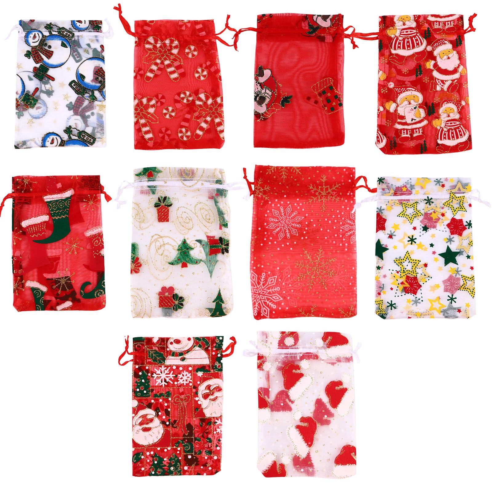 VILLCASE Sacchetti in Organza per Natale con Chiusura a Coulisse, 50 Pezzi, Design Variegato, Facile da Trasportare e Conservare, per Alberi di Natale e Festività Speciali