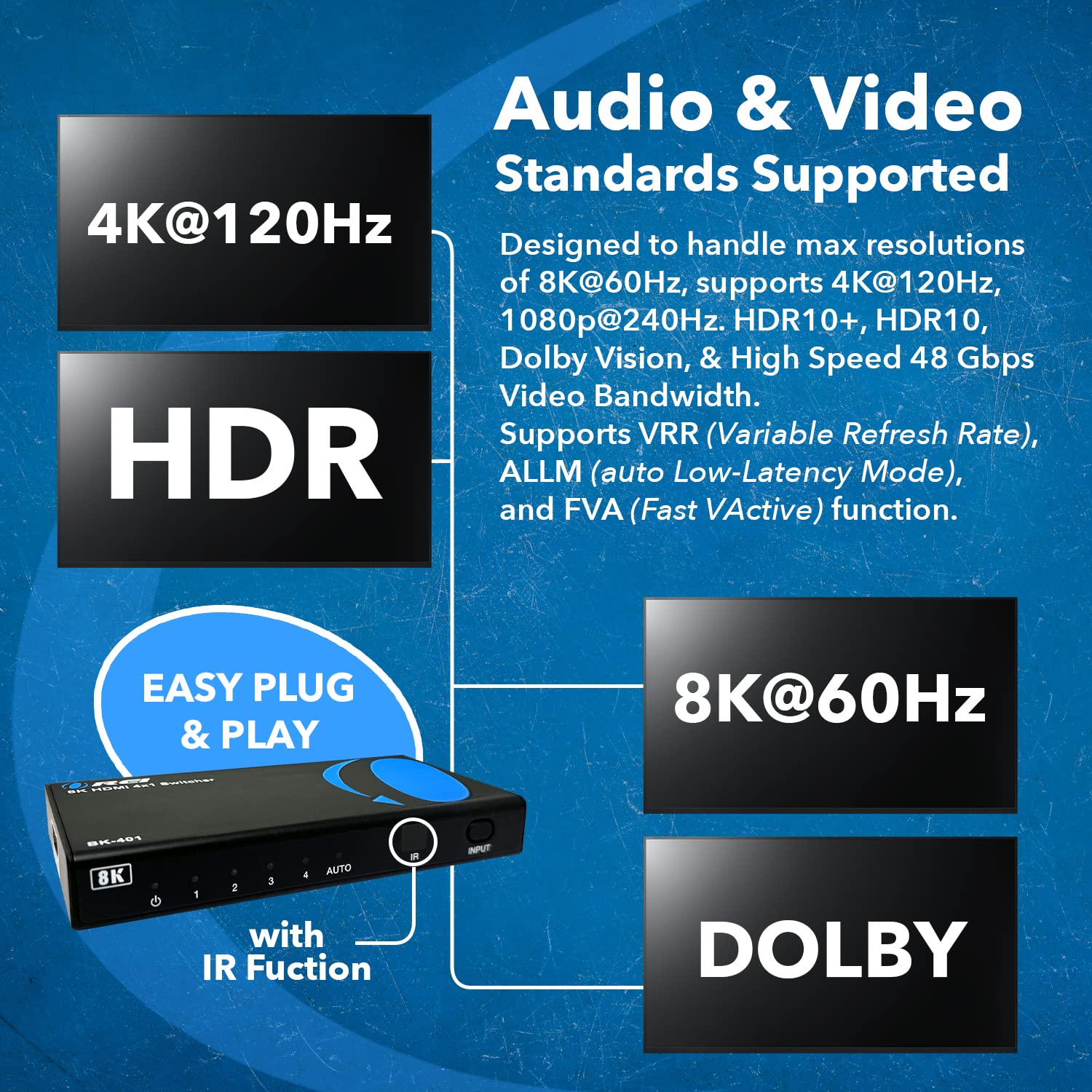 OREI 8K 4x1 HDMI 2.1 Switch 4K @ 120hz Switcher 4 in 1 Out, supporto HDR, HDR10, Dolby Vision, HLG 48Gbps per Xbox Series X PS5 Roku Fire TV Monitor Proiettore Dolby