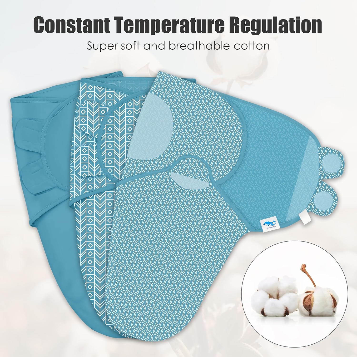 SWEET DOLPHIN 3-Pack Baby Swaddle Sleep Sacks - Newborn Swaddle Blanket with Soft Cotton - Ergonomic Wrap for Boys and Girls, 0-3 Months, Peacock Blue