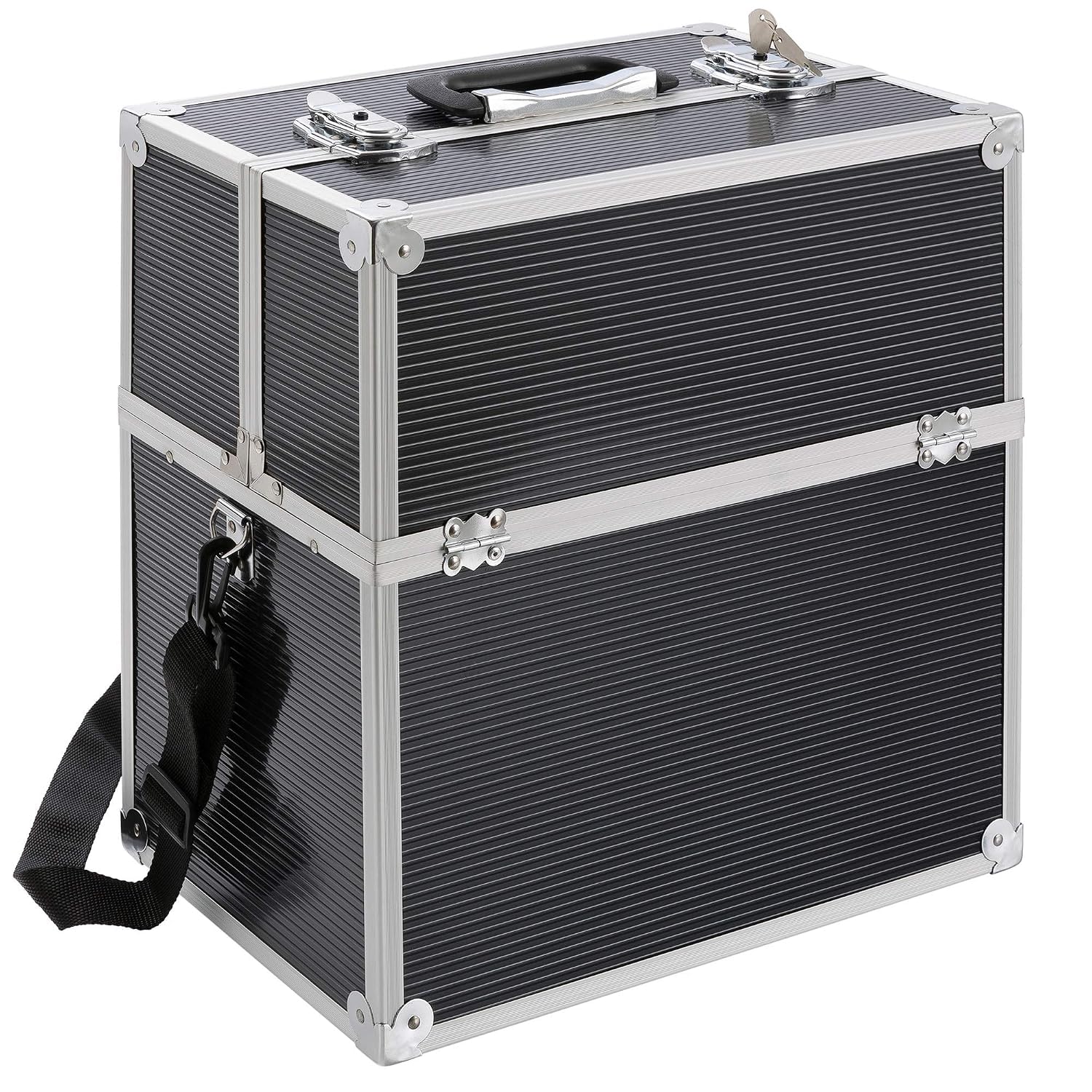 Aluminium Make Up Case | Cosmetic Case | Hard Vanity Case | Beauty Case | 2 Locks with Keys | 4 x Fold Out Trays | Carry Handle & Strap, Black, 36 x 22,5 x 37 cm, Modern-image-11