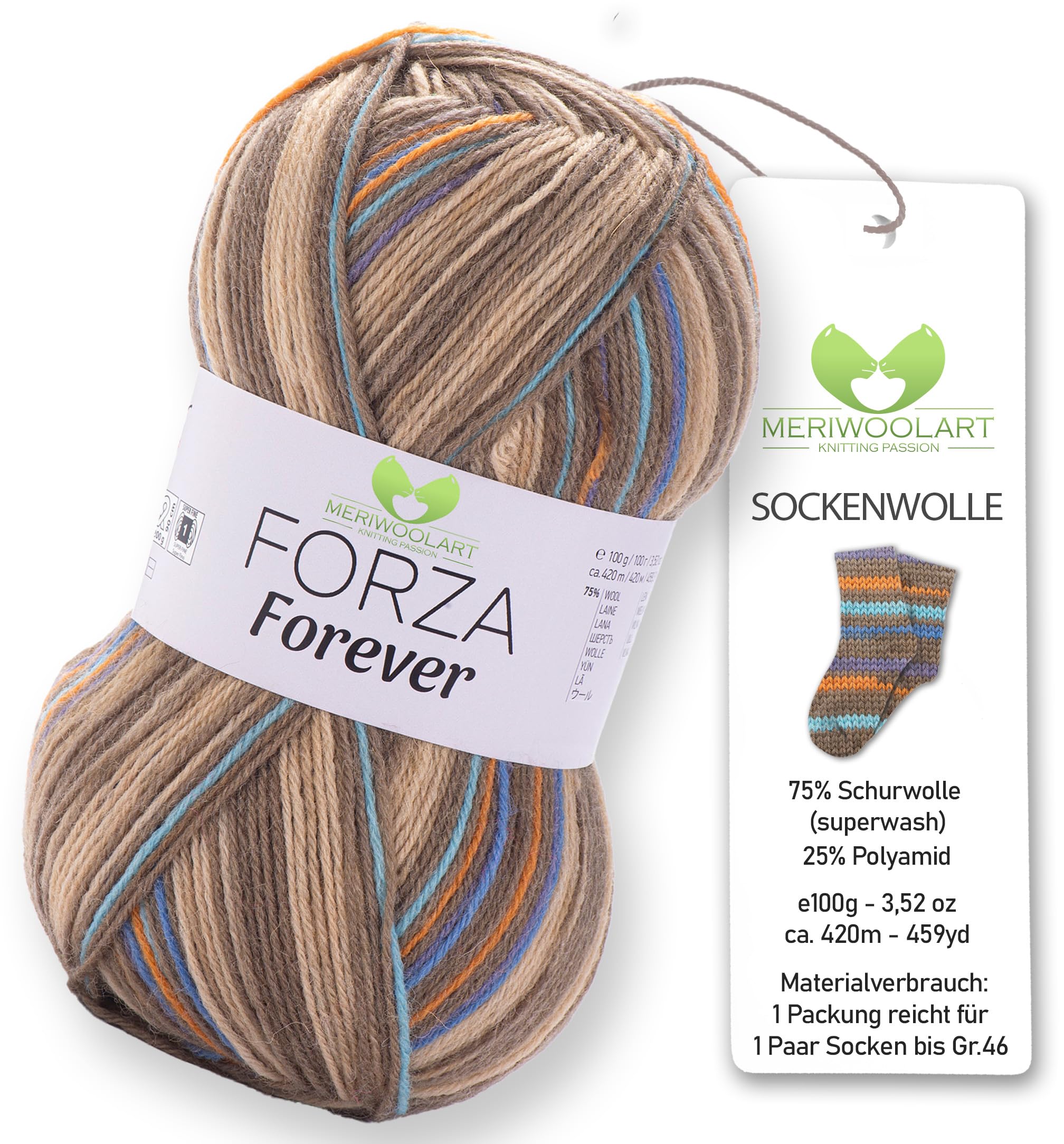 MeriWoolArt® Sock Yarn with 4 Threads – 100g Merino Wool Yarn for Knitting & Crocheting, 75% Virgin Wool (superwash), 25% Polyamide, 420m – Ideal for Socks for Men and Women, Sweaters & Cardigans 2715