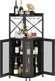 JKsmart Corner Bar Cabinet with Glass Holder, 4-Tier Industrial Wine Cabinet with Mesh Door, Farmhouse Liquor Cabinets with Shelf, Home Bar Corner Storage Cabinet for Kitchen, Living Room, Black