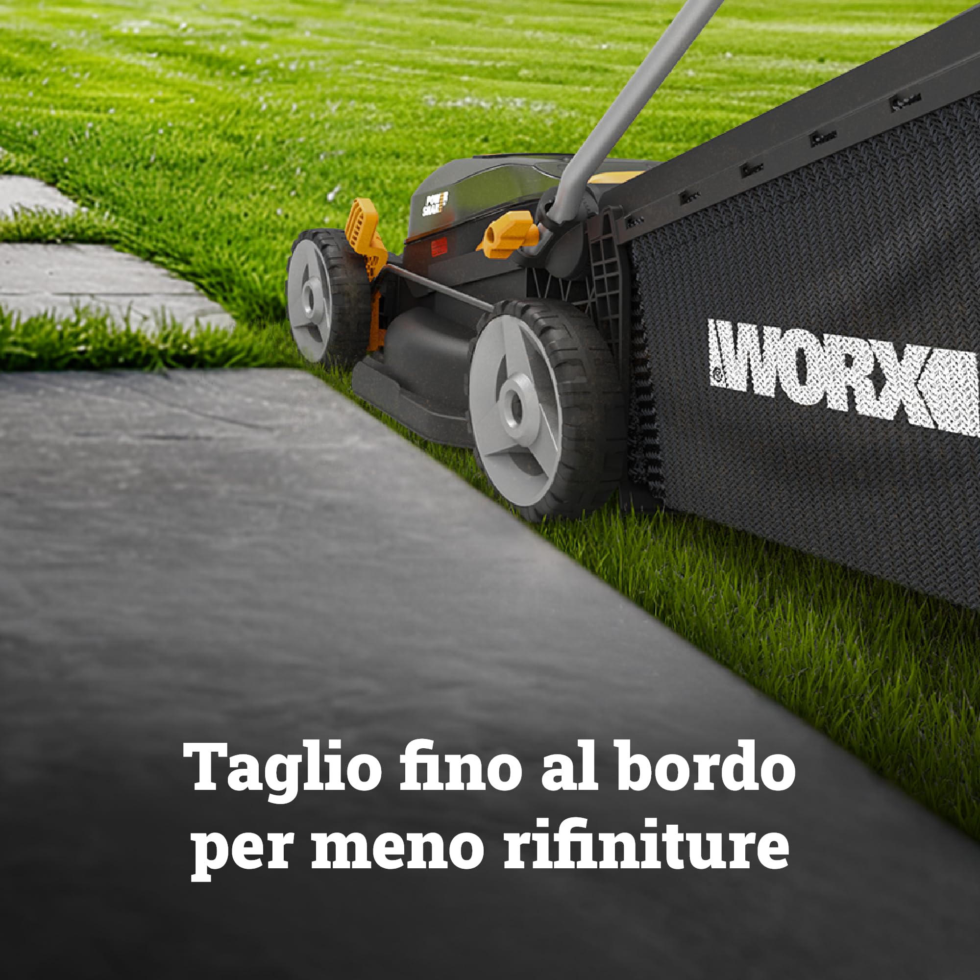 WORX WG735E Rasaerba a batteria 40 V, taglio 34 cm, motore brushless, altezza regolabile su 6 livelli da 20 a 75 mm, sacco 35 L, Cut-to-Edge, 2 batterie da 4 Ah e caricabatterie doppio inclusi