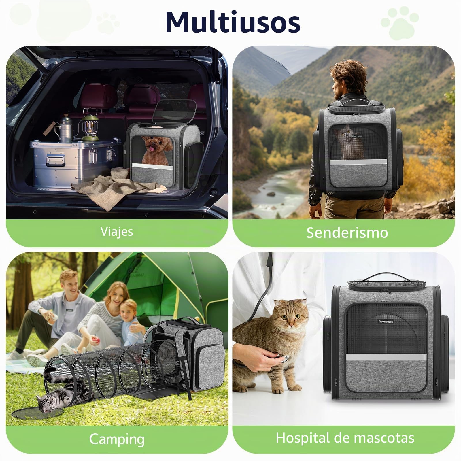 Pawtners Mochilas transportadoras para Gatos con túnel de Juego expandible para Gatos, Mochila para Mascotas aprobada por aerolíneas para Perros pequeños y Gatos Grandes de hasta 25 Libras,