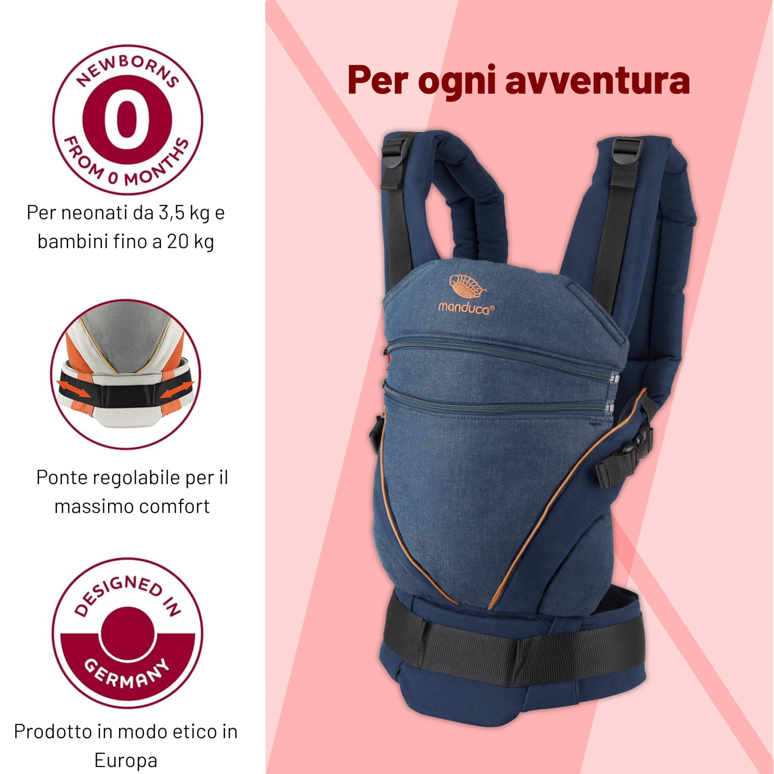 manduca XT Baby Carrier > Uno per Tutti < Marsupio Ergonomico e Flessibile con Seduta Regolabile, Neonati dalla Nascita e Bambini fino a 20kg, Cotone Biologico (denimblue-toffee/jeans blu-caramello)
