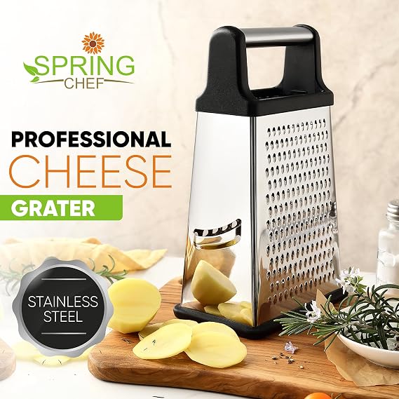 Spring Chef Stainless Steel XL Cheese Grater for Kitchen, Black | 4 Sided Manual Metal Box Grater for Carrot, Potato, Parmesan, Cheese Shredder, Professional Vegetable Grater, Dishwasher Safe
