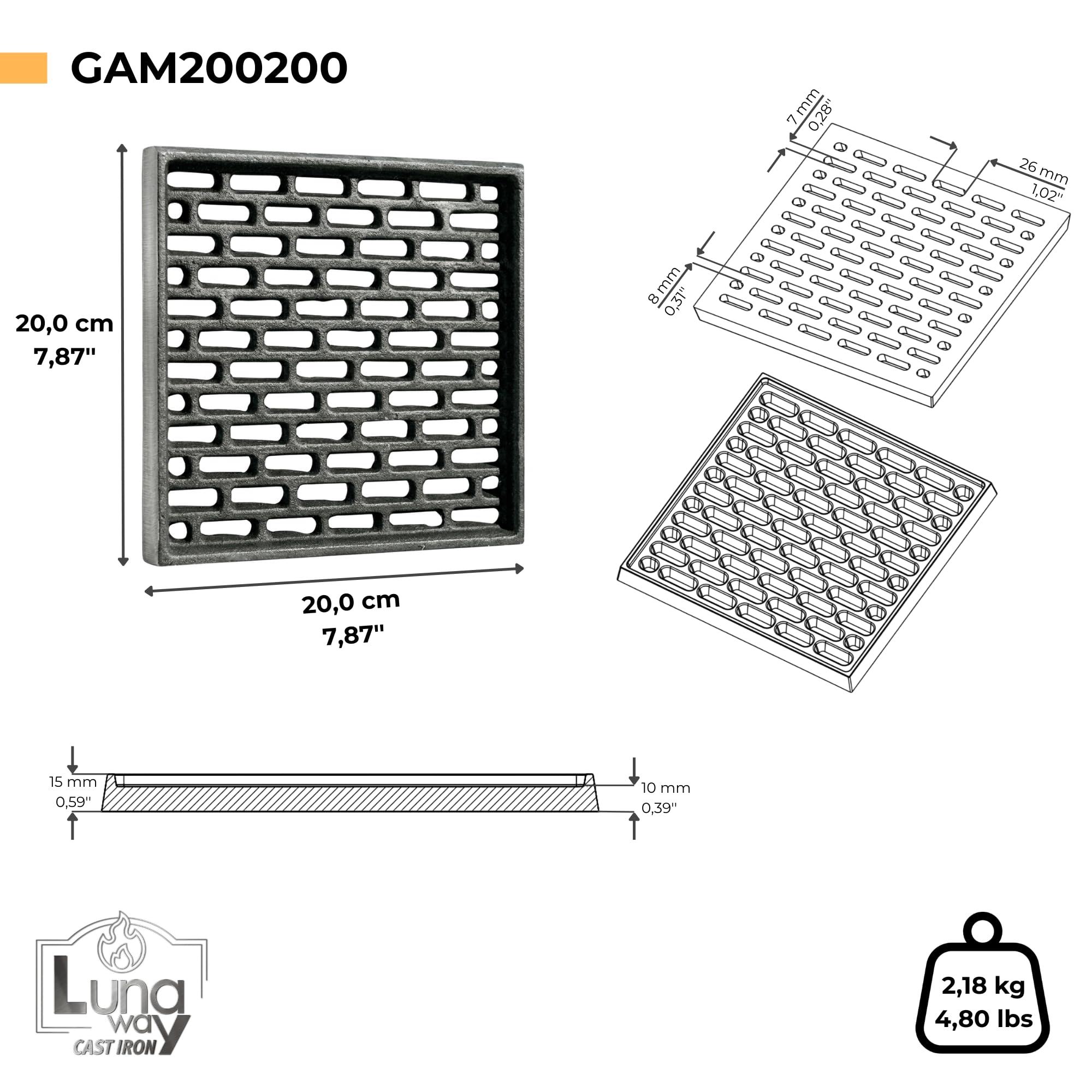 Lunaway Lüftungsgitter aus Gusseisen für Kamin und Ofen | Umfangsdicke 1,5 cm | Mitteldicke 1 cm (20 x 20 cm)