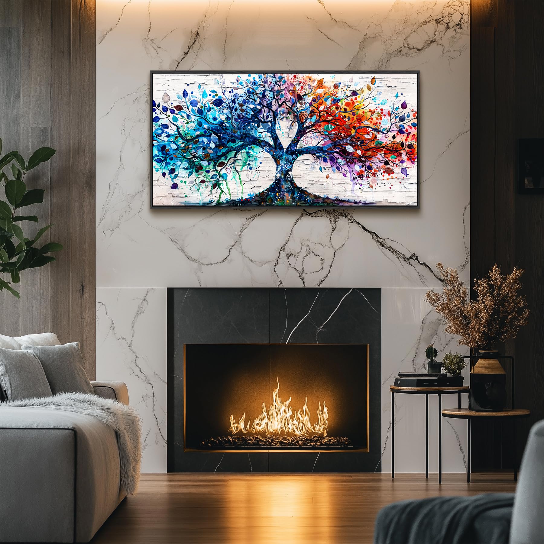 hyidecorart Bunter Baum des Lebens Bilder mit Rahmen Wohnzimmer 60x120 cm | Exquisites Motiv, HD-Druck, Einfach Aufzuhängen, Große Formate, Flexible Raumdeko, Schöne Wandkunst, Geschenk, Leinwandbilder