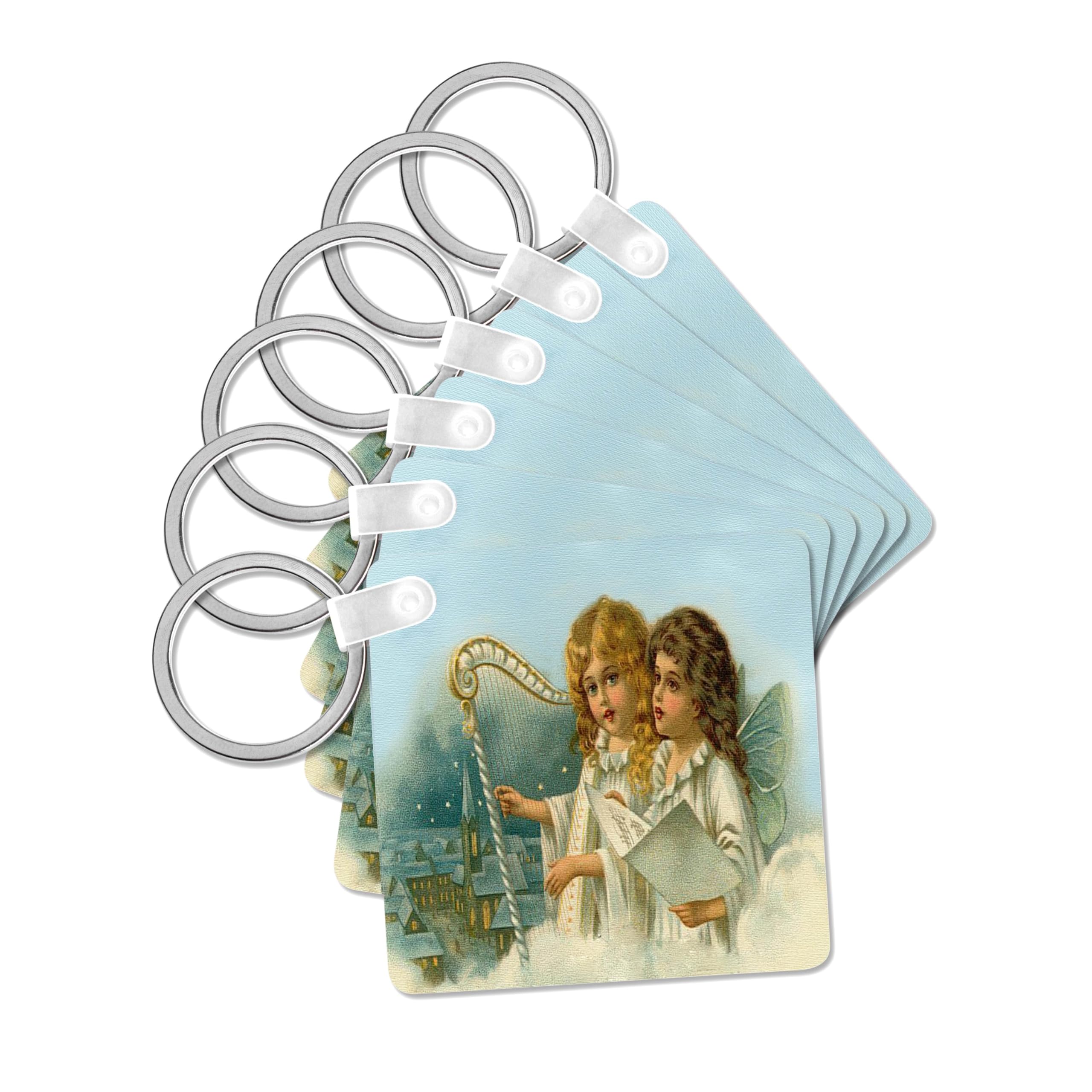 3dRose, Cartoon Angels Singing and Playing the Harp Overlooking the Town, set of 6 Key Chains