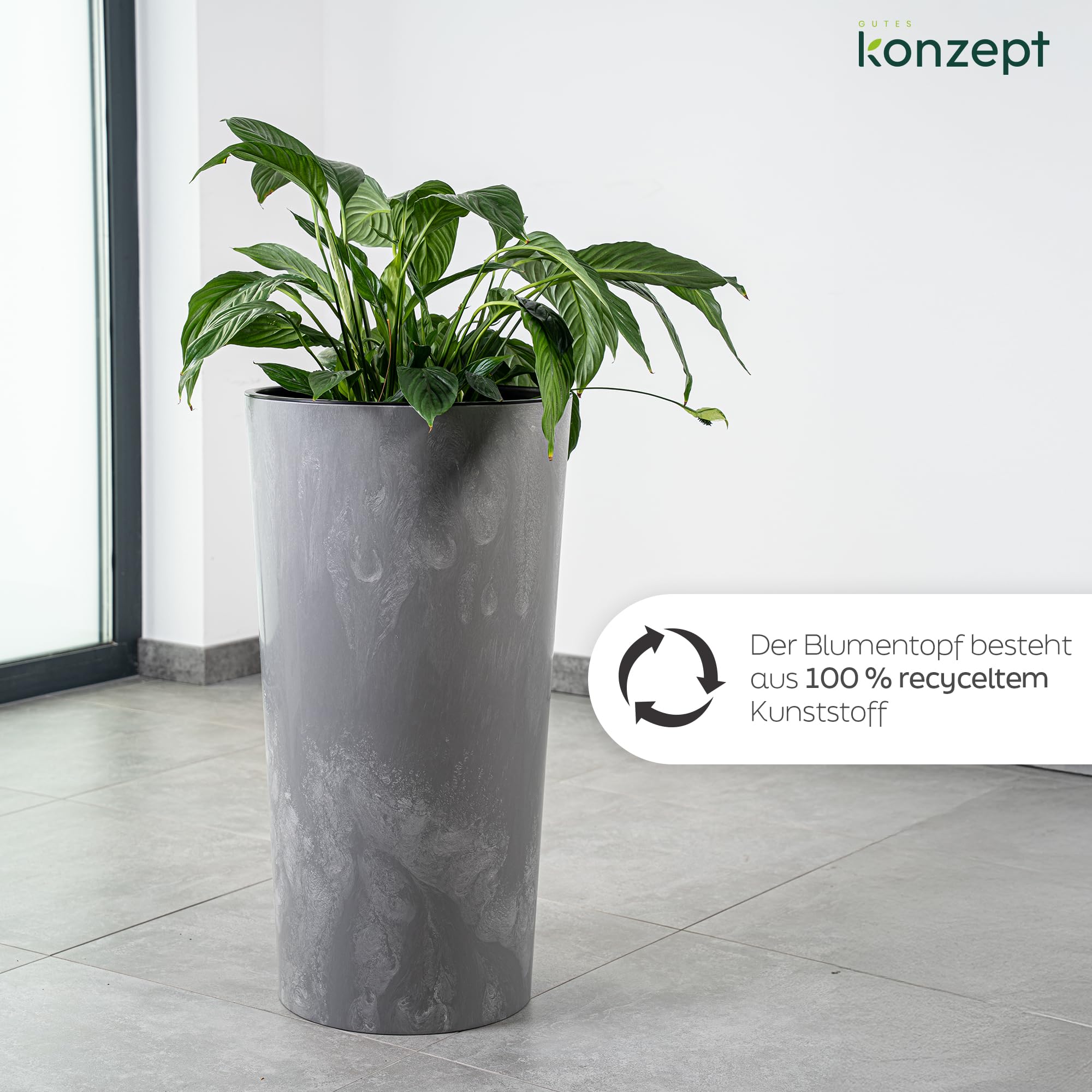 KONZEPT Blumentopf mit Einsatz – Hoch 75cm – in Beton Optik, für Außenbereich, wetterfest, UV-beständig, ECO-Kunststoff, ideal für Garten, Balkon, Terrasse